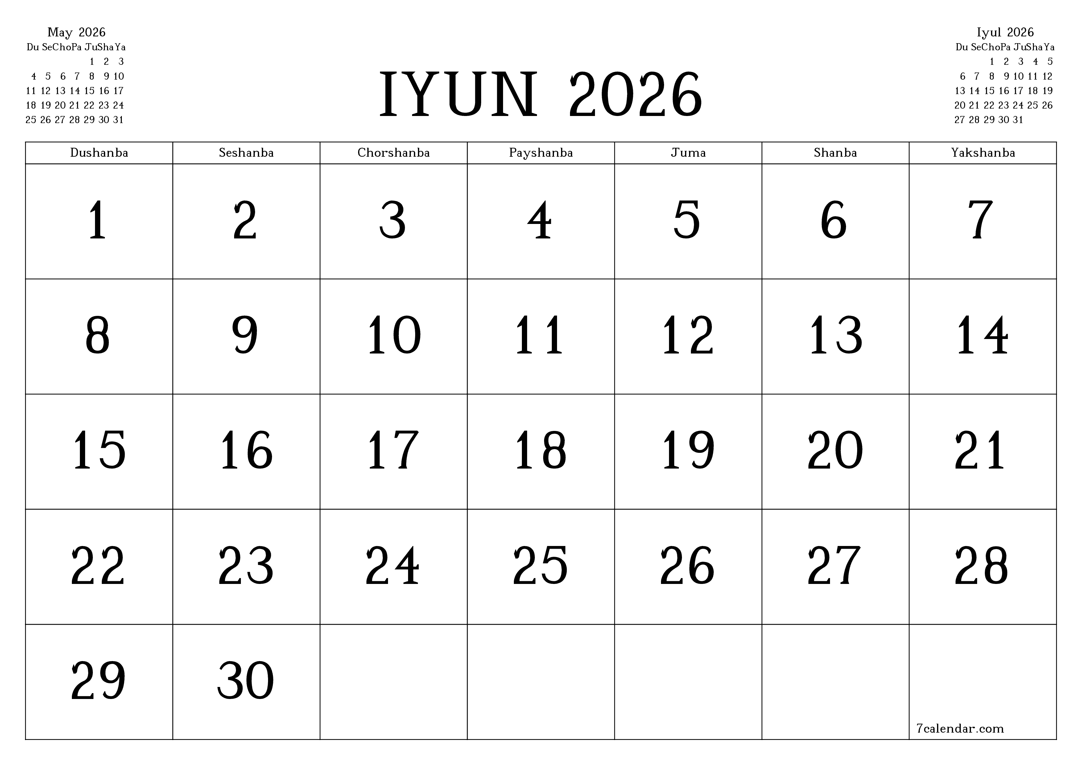 Iyun 2026 oylik oylik rejalashtiruvchini yozuvlar bilan bo'shatish, saqlash va PDF-ga chop etish PNG Uzbek