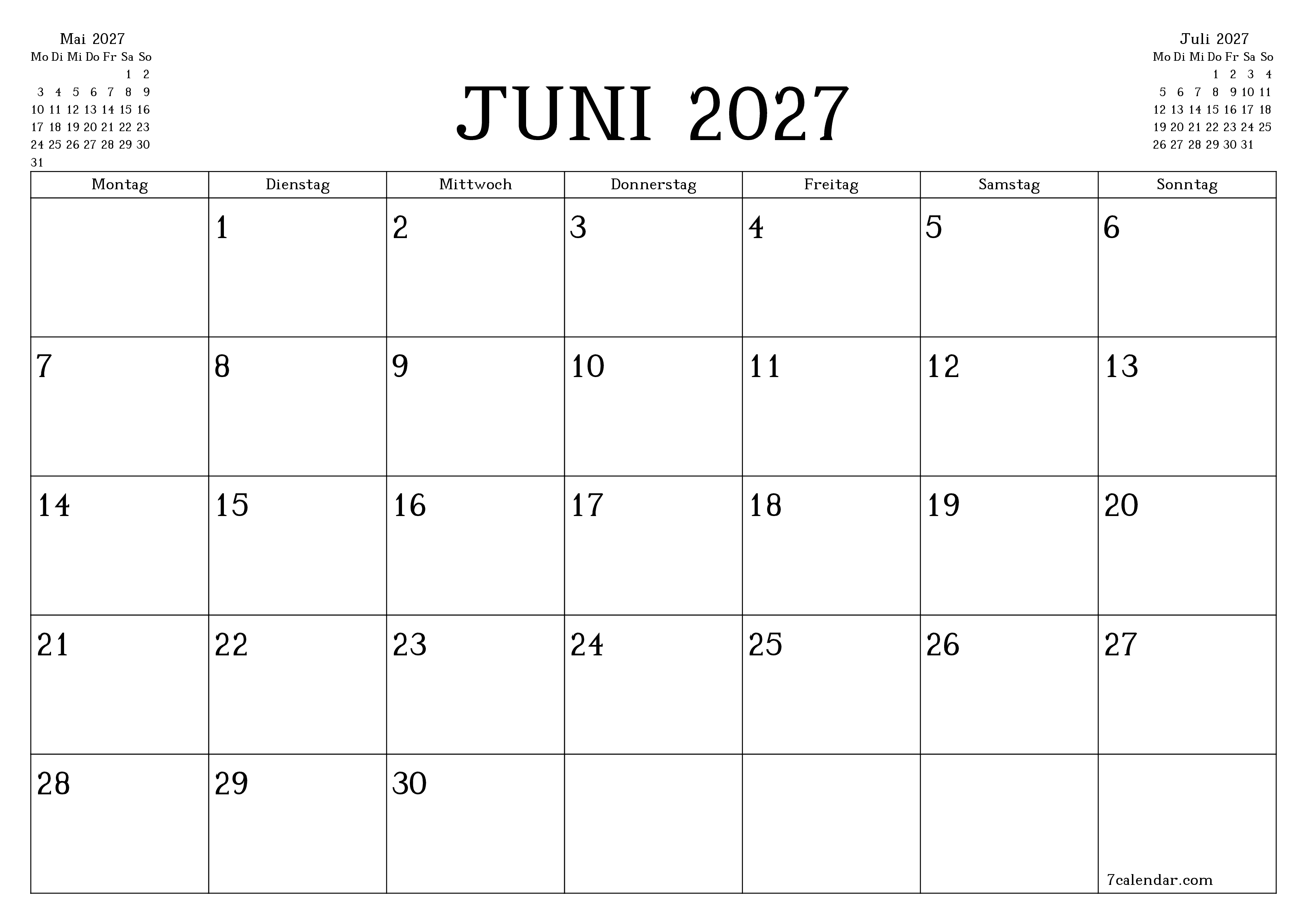 Monatsplaner für Monat Juni 2027 mit Notizen leeren, speichern und als PDF PNG German - 7calendar.com drucken