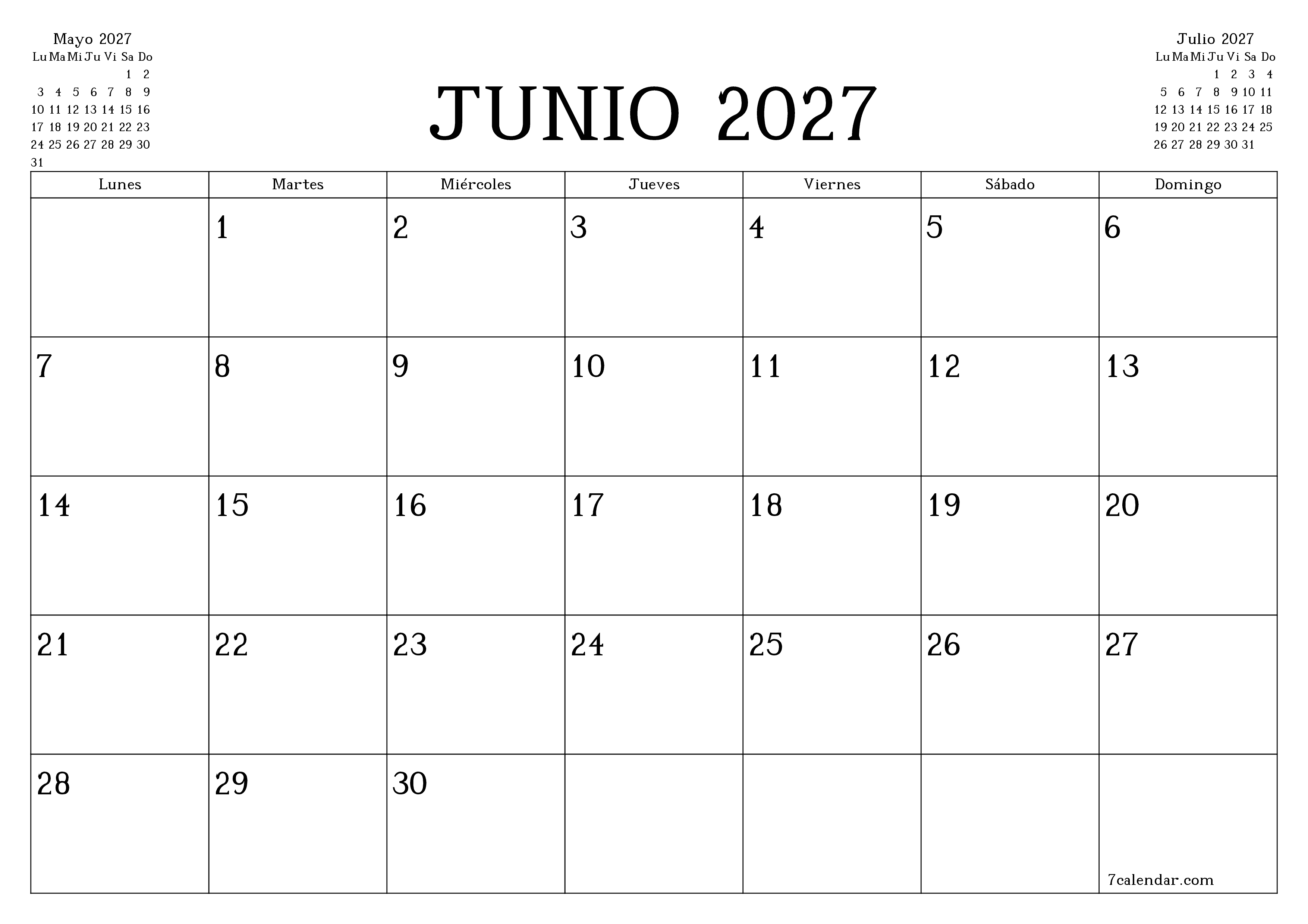 Planificador mensual vacío para el mes Junio 2027 con notas, guardar e imprimir en PDF PNG Spanish