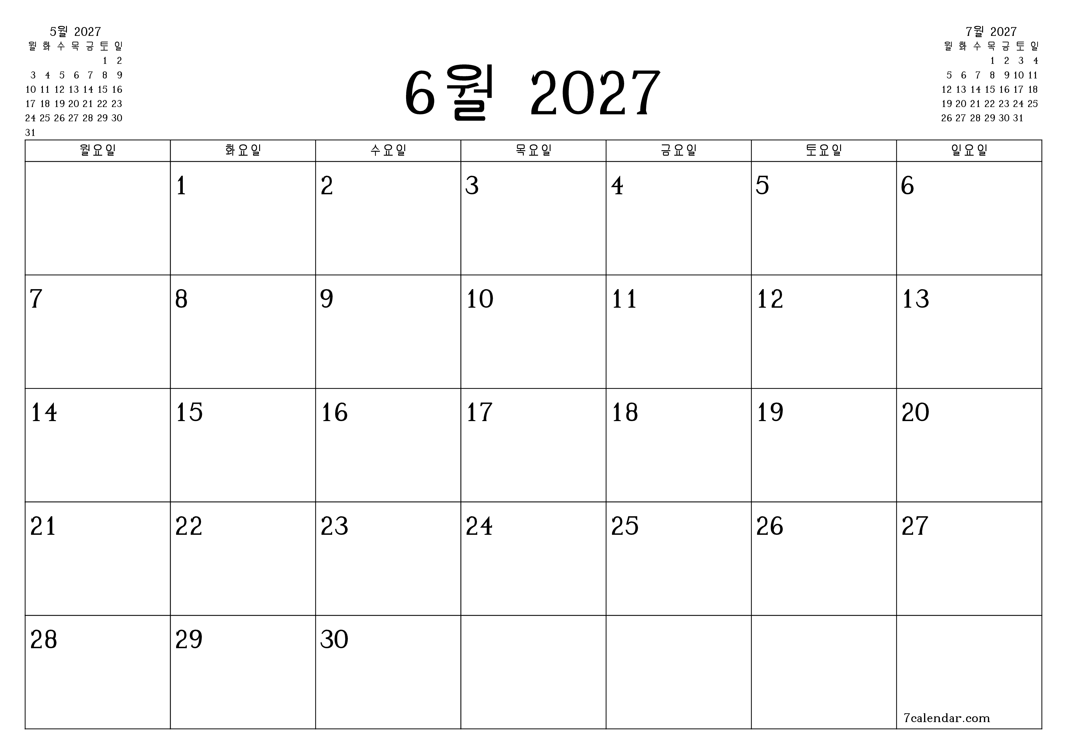 메모가있는 6월 2027 월의 월간 플래너 비우기, PDF PNG Korean-7calendar.com으로 저장 및 인쇄