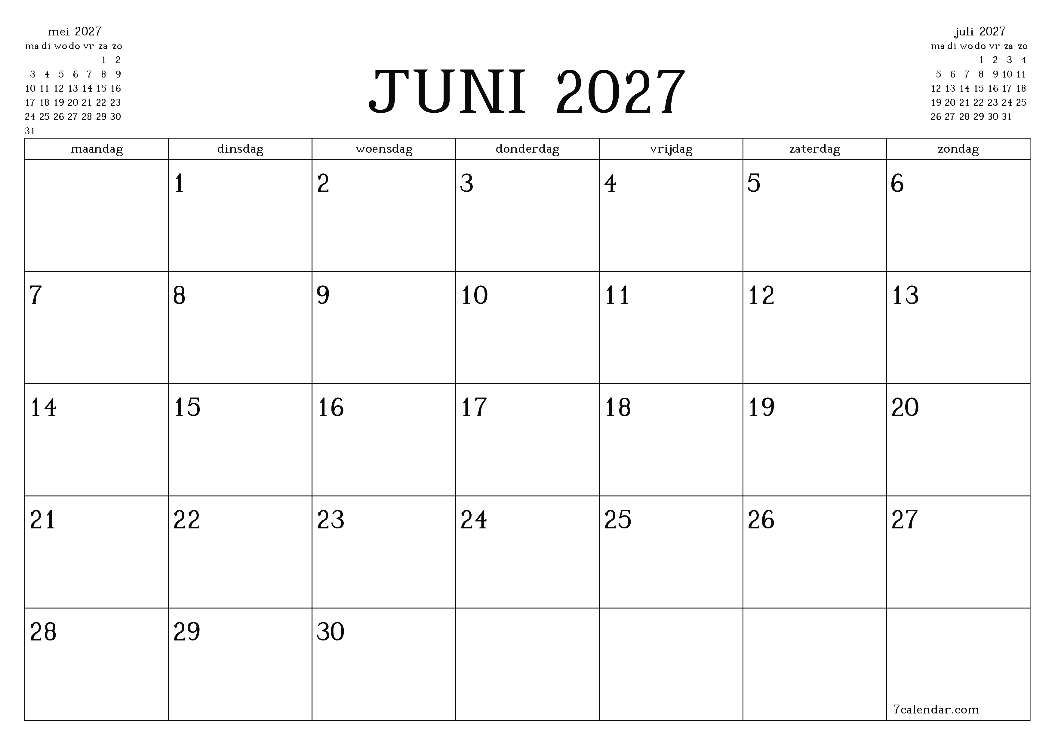 Lege maandplanner voor maand juni 2027 met notities, opslaan en afdrukken naar pdf PNG Dutch