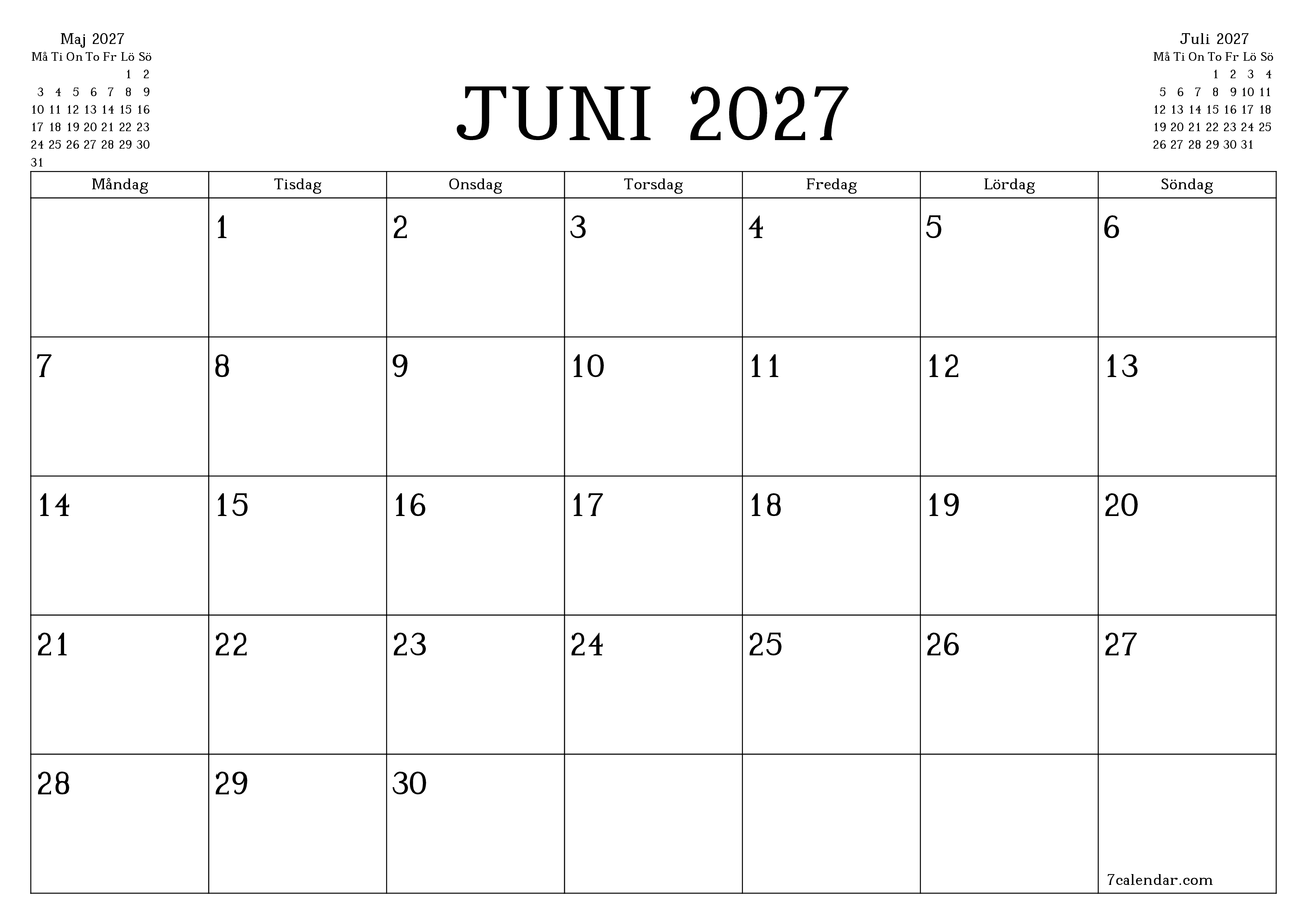 Tom månadsplanerare för månad Juni 2027 med anteckningar, spara och skriv ut till PDF PNG Swedish