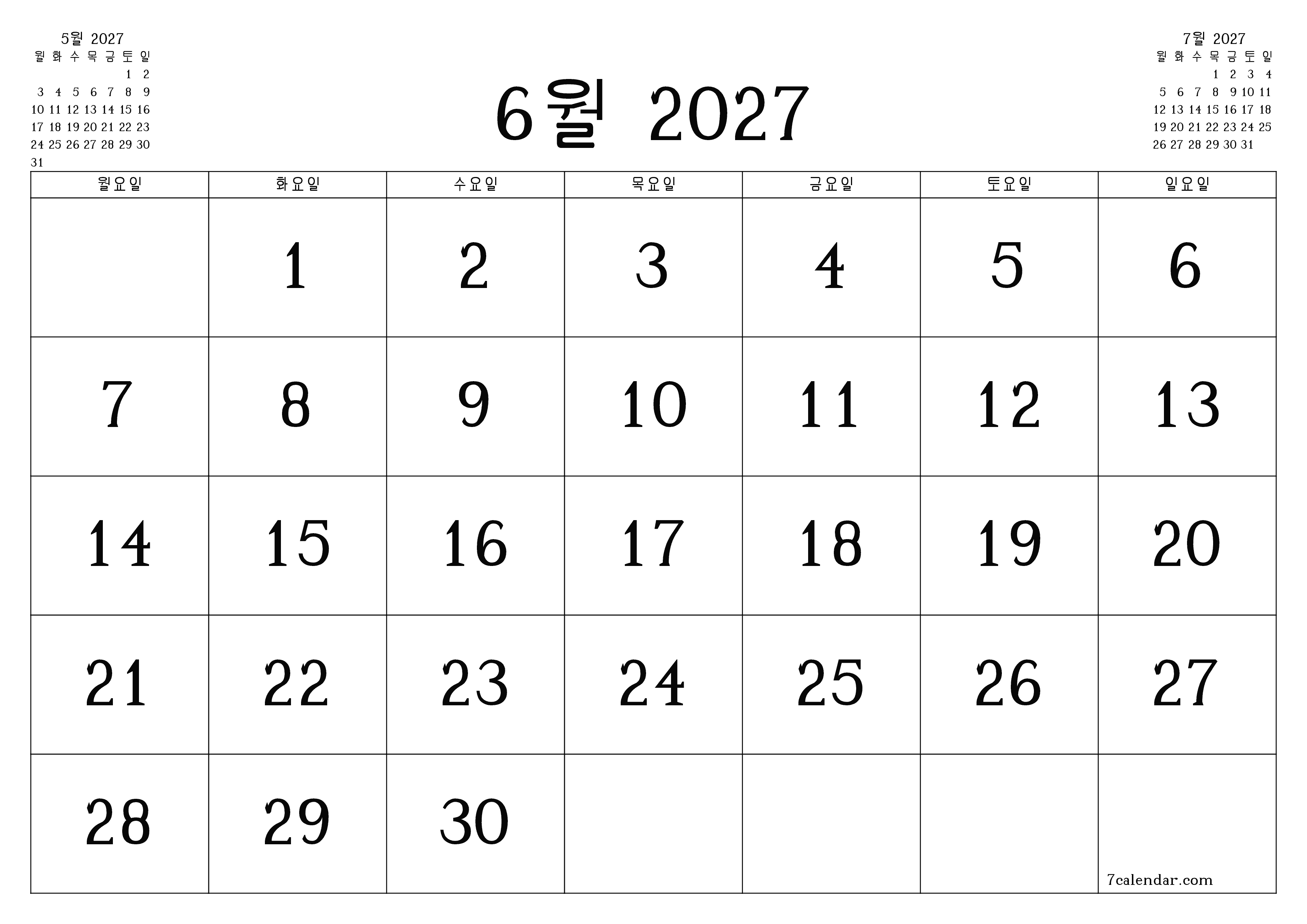 메모가있는 6월 2027 월의 월간 플래너 비우기, PDF PNG Korean-7calendar.com으로 저장 및 인쇄