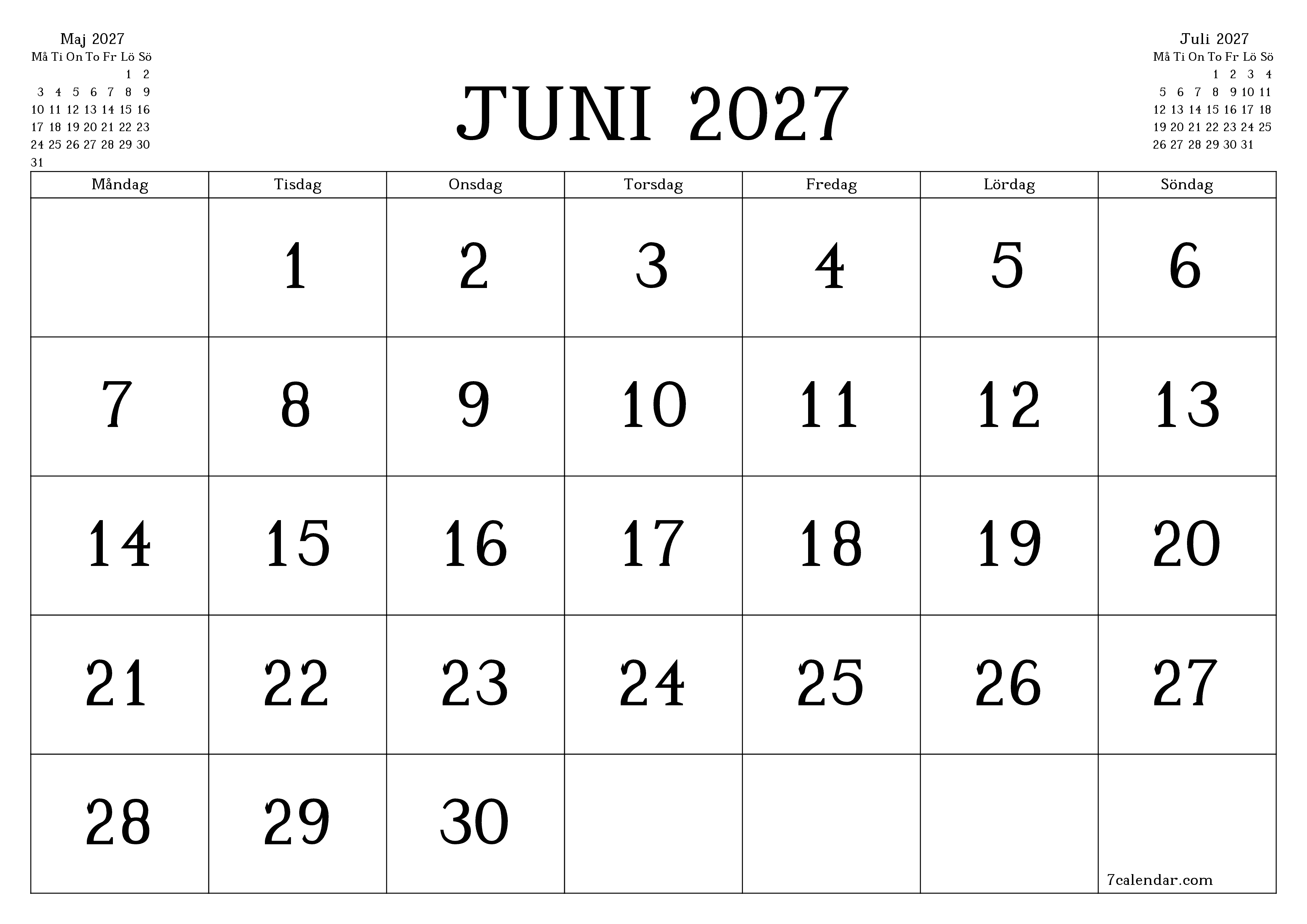 Tom månadsplanerare för månad Juni 2027 med anteckningar, spara och skriv ut till PDF PNG Swedish
