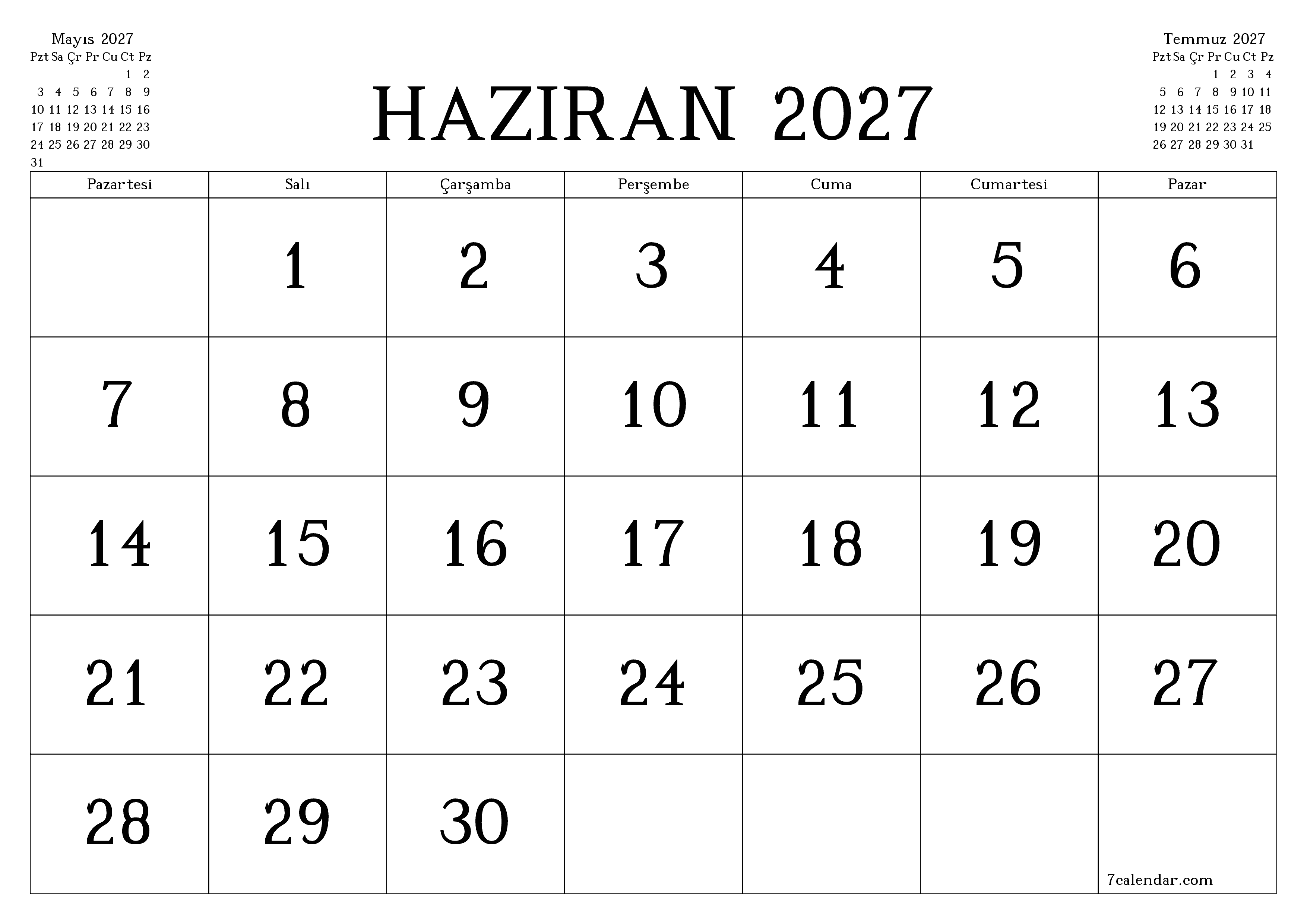 Haziran 2027 ayı için notlarla birlikte boş aylık planlayıcı, kaydedin ve PDF'ye yazdırın PNG Turkish