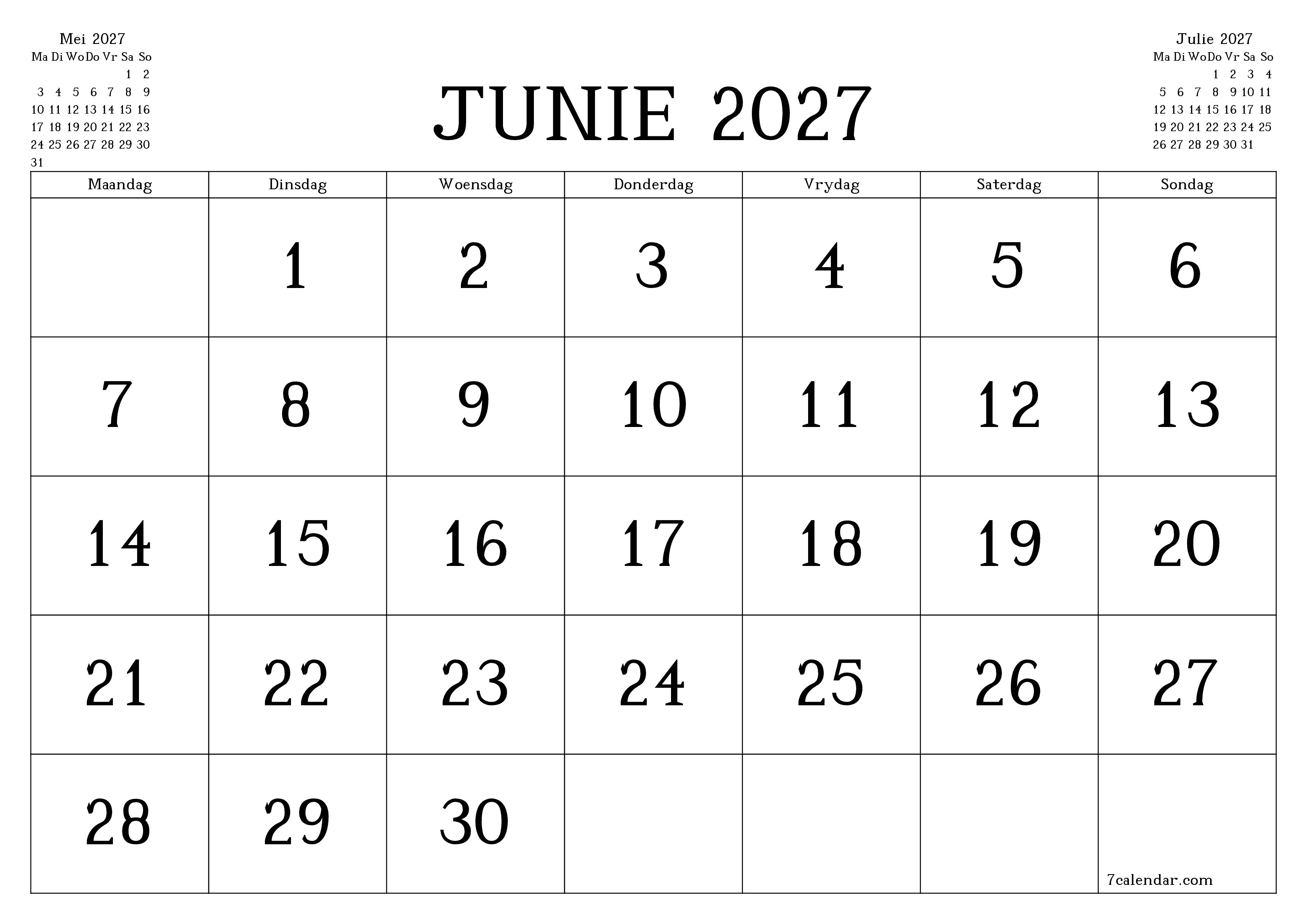 Leë maandelikse drukbare kalender en beplanner vir maand Junie 2027 met notas stoor en druk na PDF PNG Afrikaans