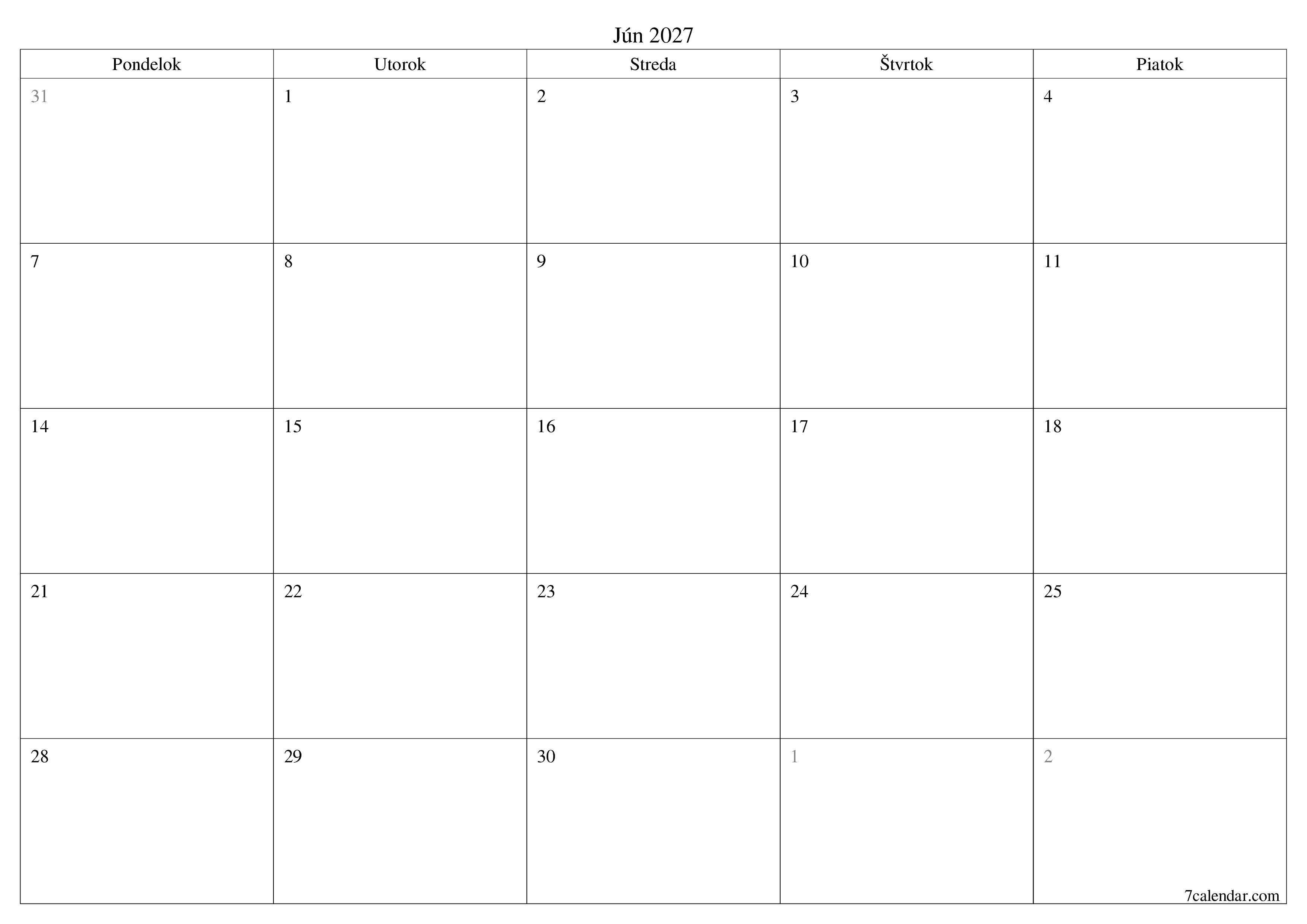 Prázdny mesačný plánovač na mesiac Jún 2027 s poznámkami, uloženie a tlač do PDF PNG Slovak