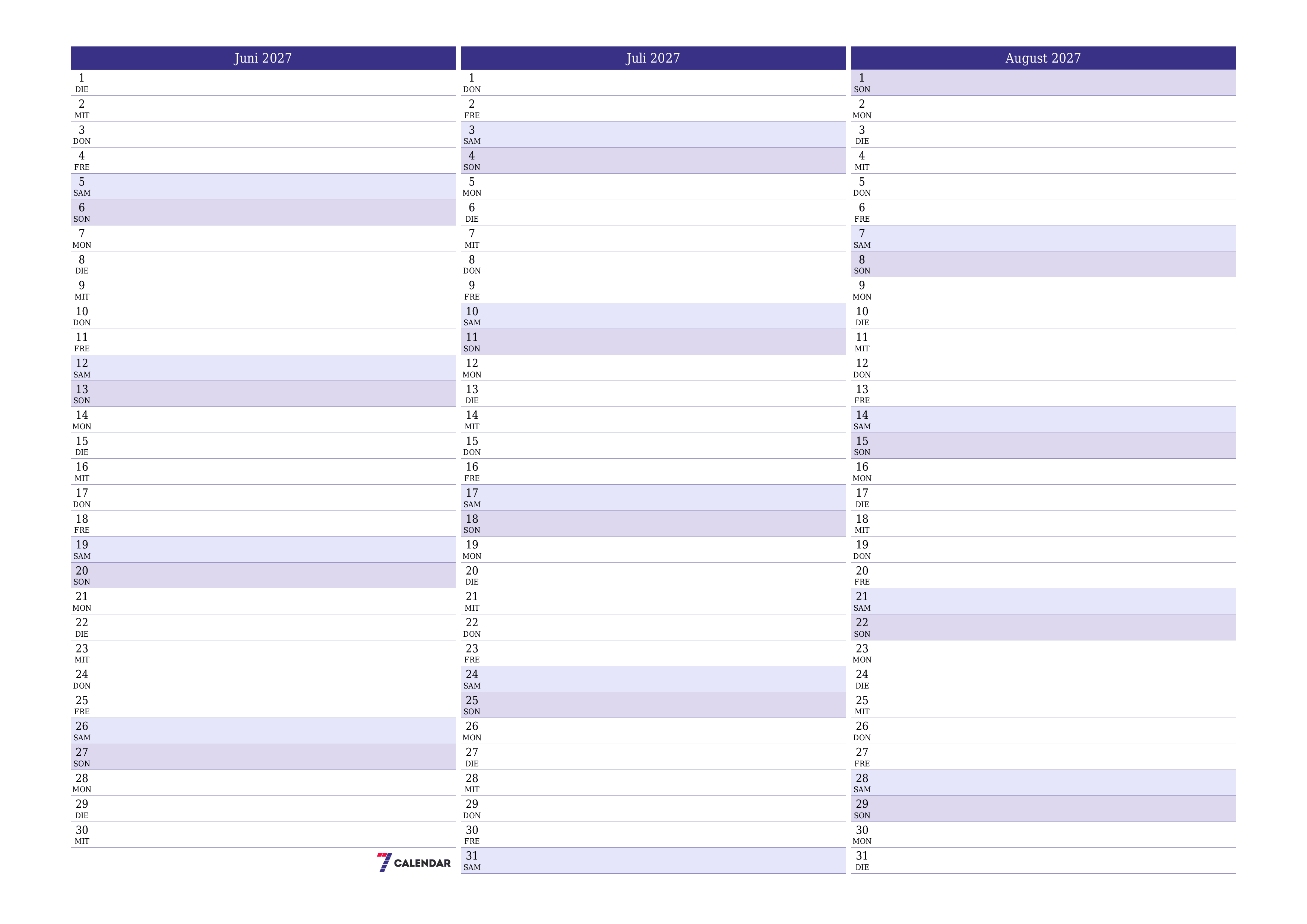 Monatsplaner für Monat Juni 2027 mit Notizen leeren, speichern und als PDF PNG German - 7calendar.com drucken