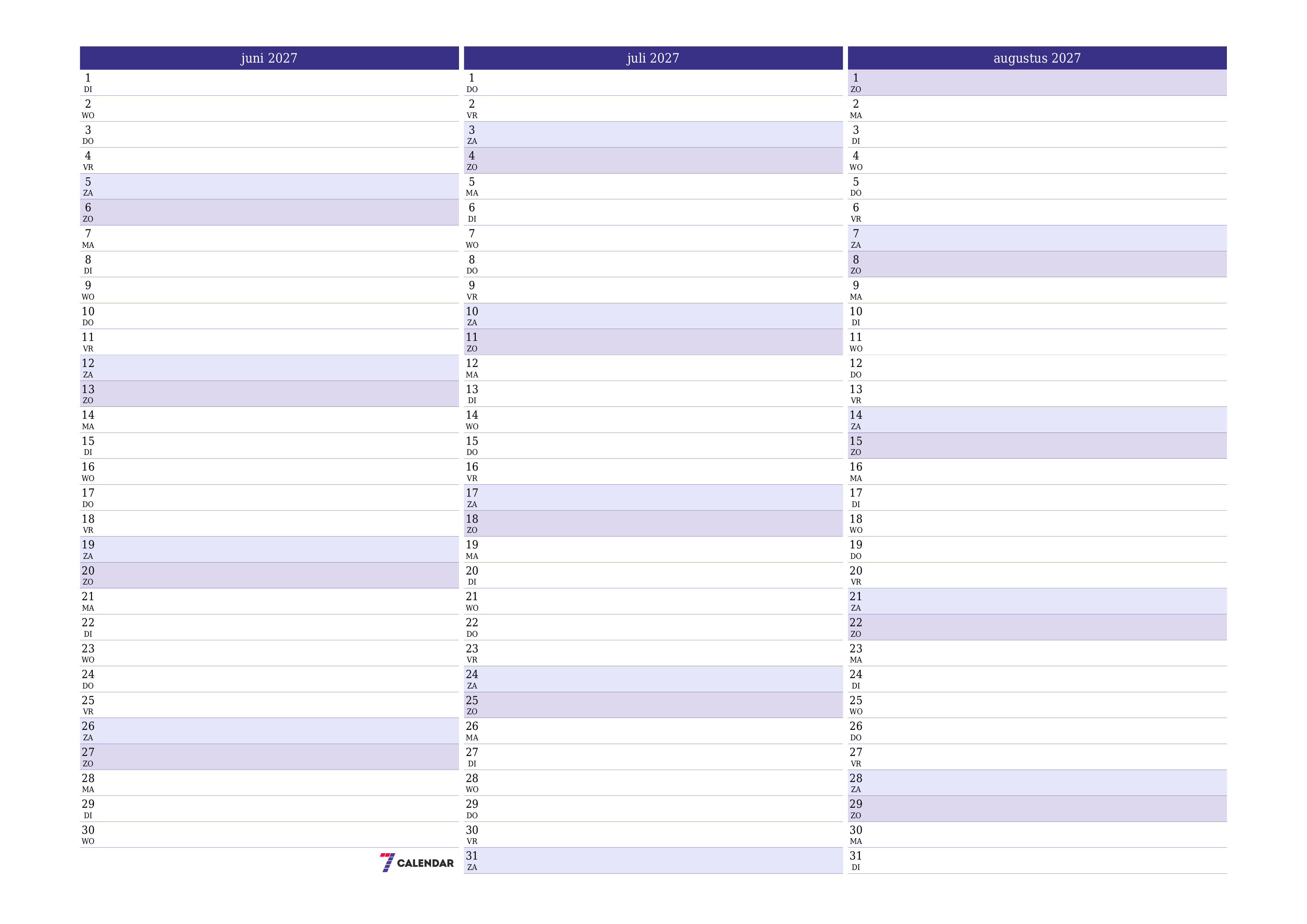 Lege maandplanner voor maand juni 2027 met notities, opslaan en afdrukken naar pdf PNG Dutch