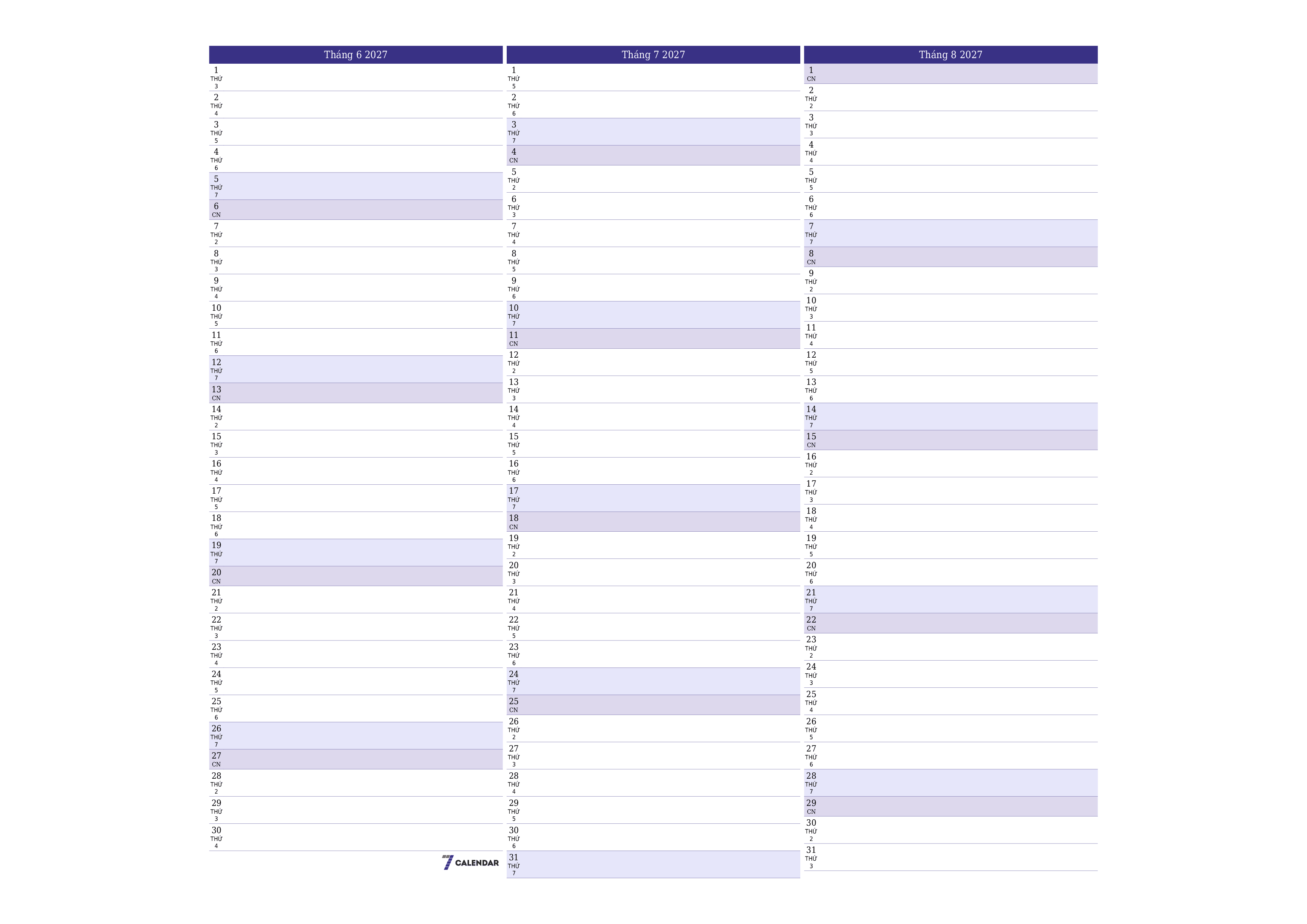 Công cụ lập kế hoạch hàng tháng trống cho tháng Tháng 6 2027 có ghi chú, lưu và in sang PDF PNG Vietnamese
