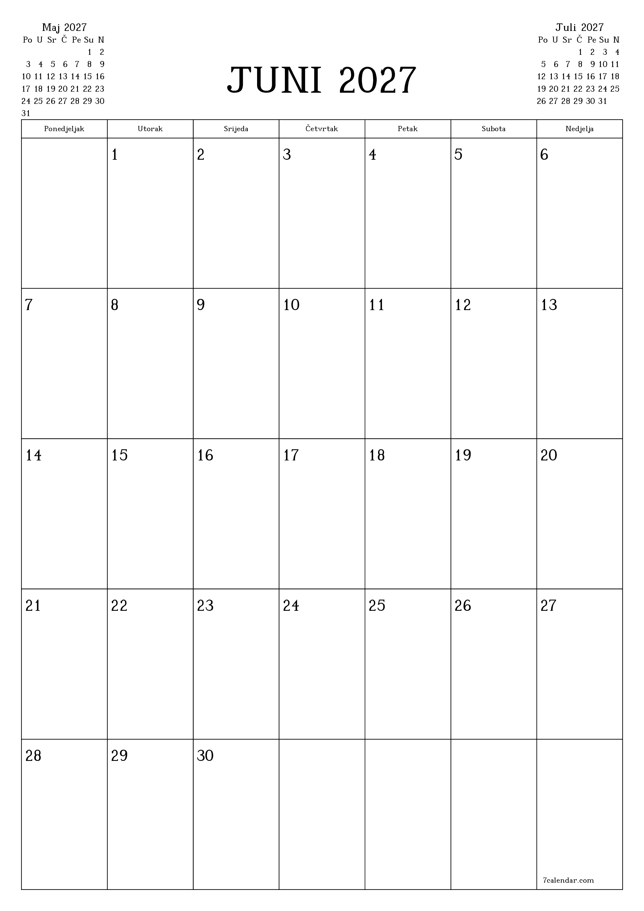 Ispraznite mjesečni planer za mjesec Juni 2027 s bilješkama, spremite i ispišite u PDF PNG Bosnian