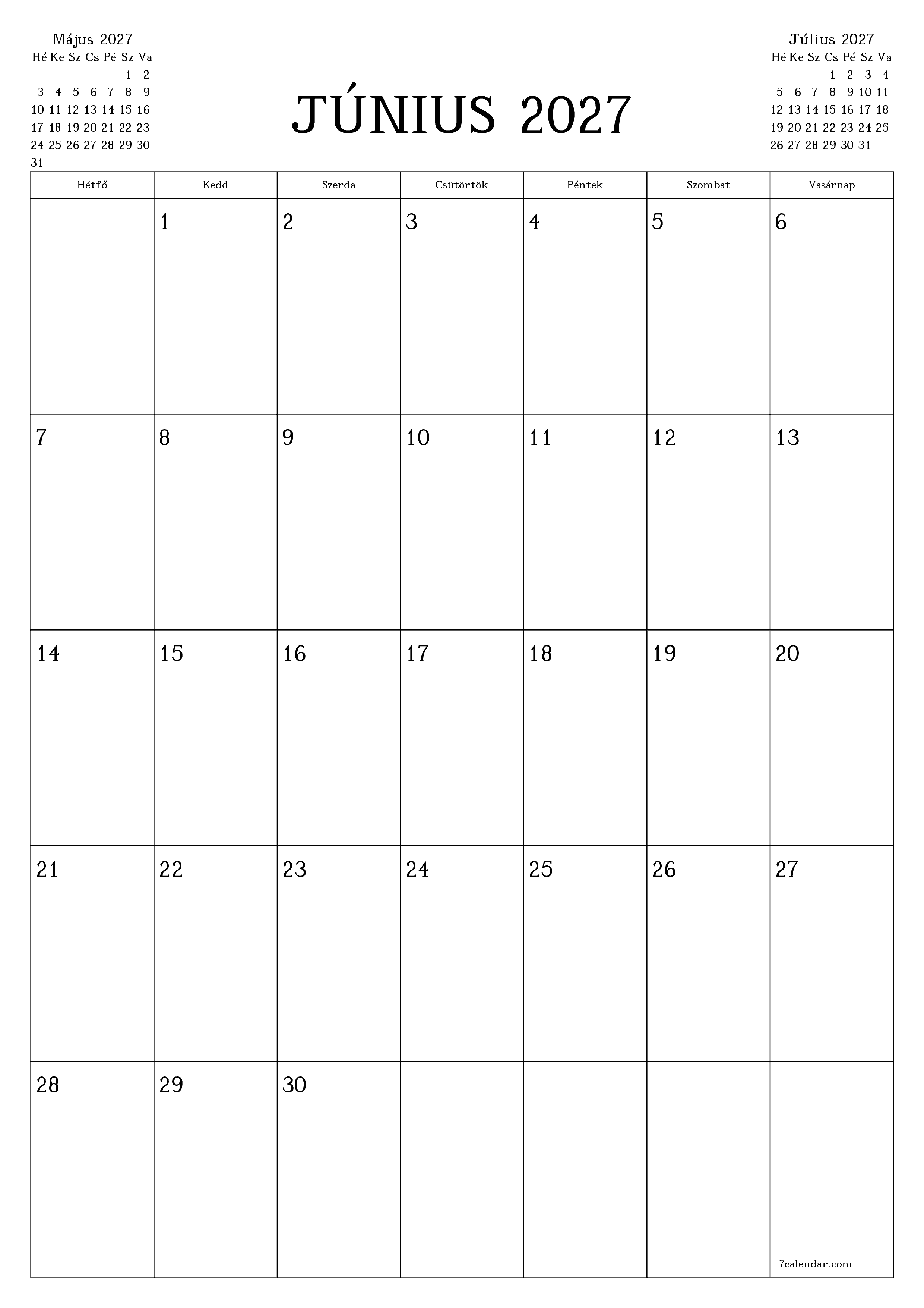 Üres havi tervező a Június 2027 hónapra jegyzetekkel, mentés és nyomtatás PDF-be PNG Hungarian