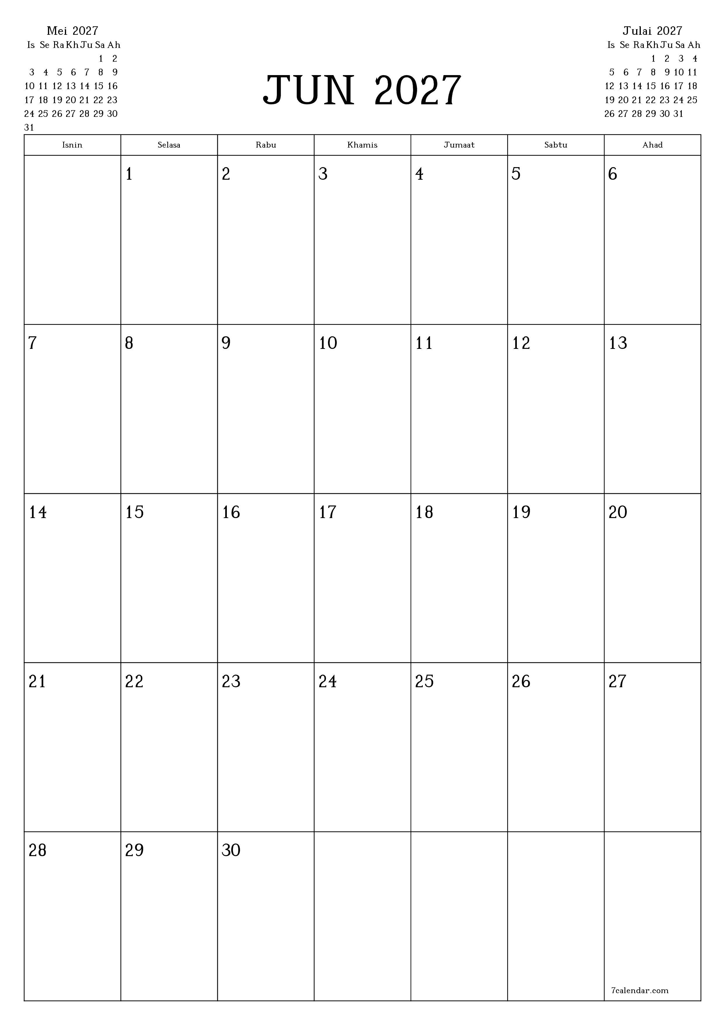 Perancang bulanan kosong untuk bulan Jun 2027 dengan nota, simpan dan cetak ke PDF PNG Malay