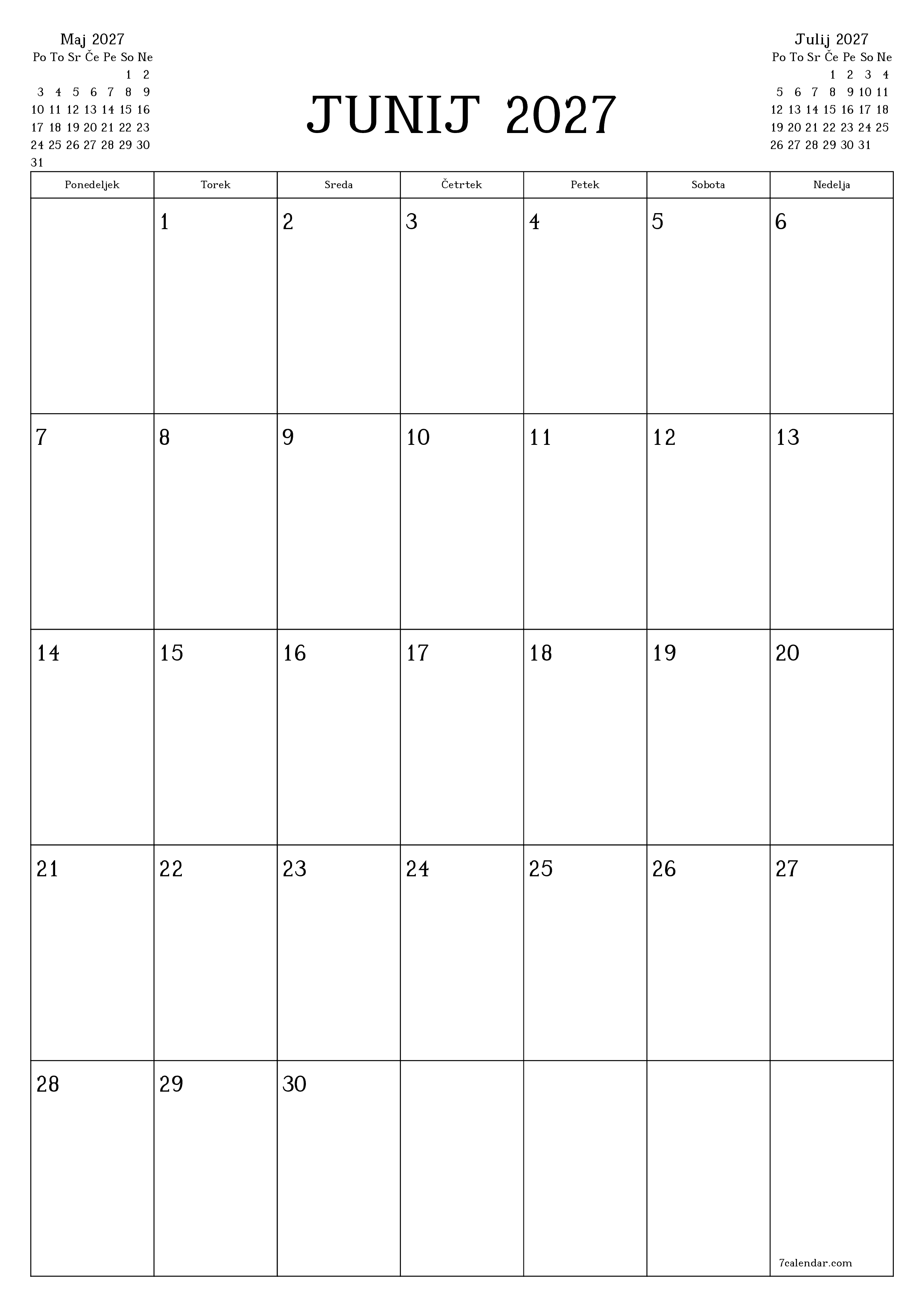 Prazen mesečni načrtovalec koledarja za mesec Junij 2027 z opombami, natisnjenimi v PDF PNG Slovenian