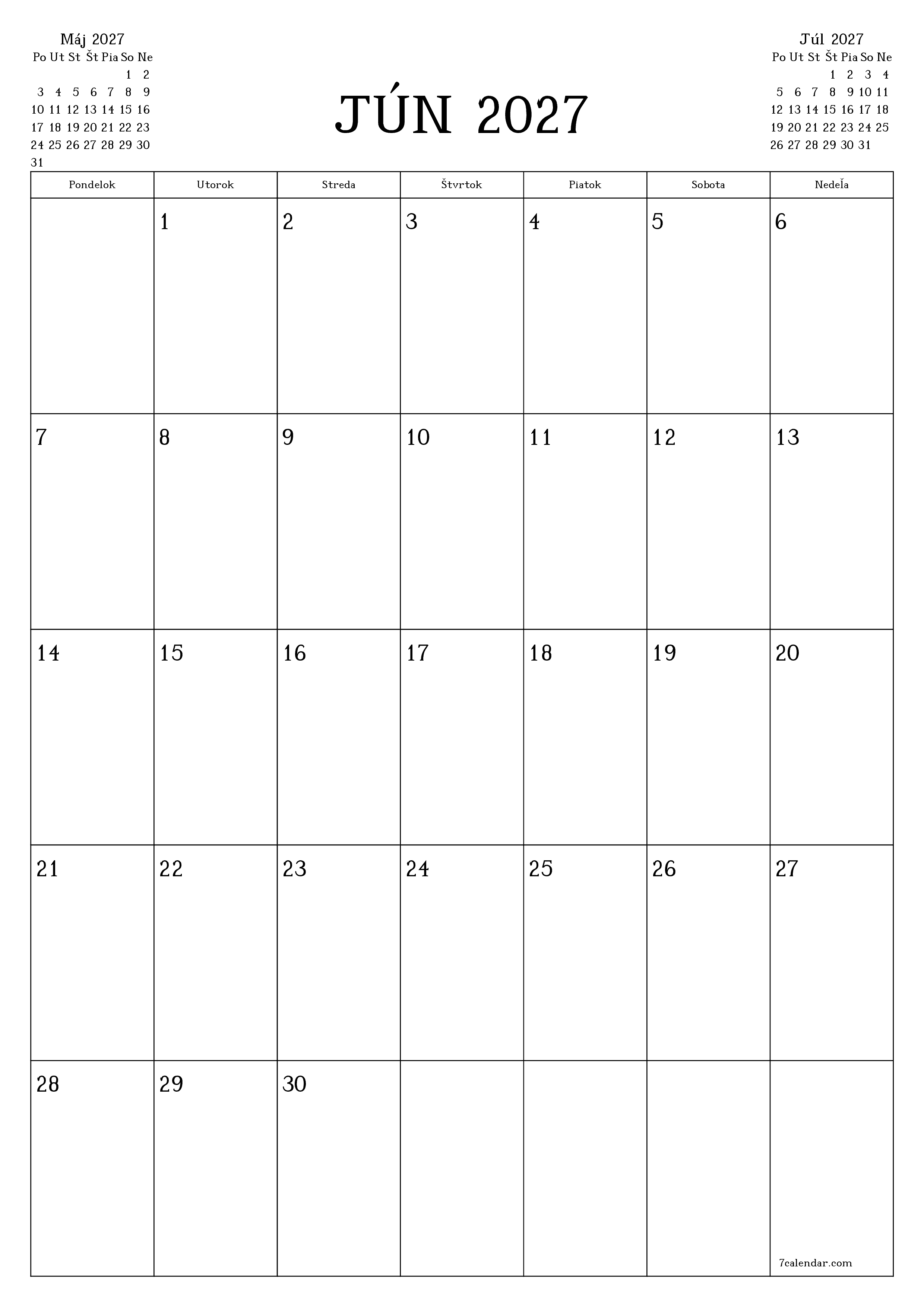 Prázdny mesačný plánovač na mesiac Jún 2027 s poznámkami, uloženie a tlač do PDF PNG Slovak