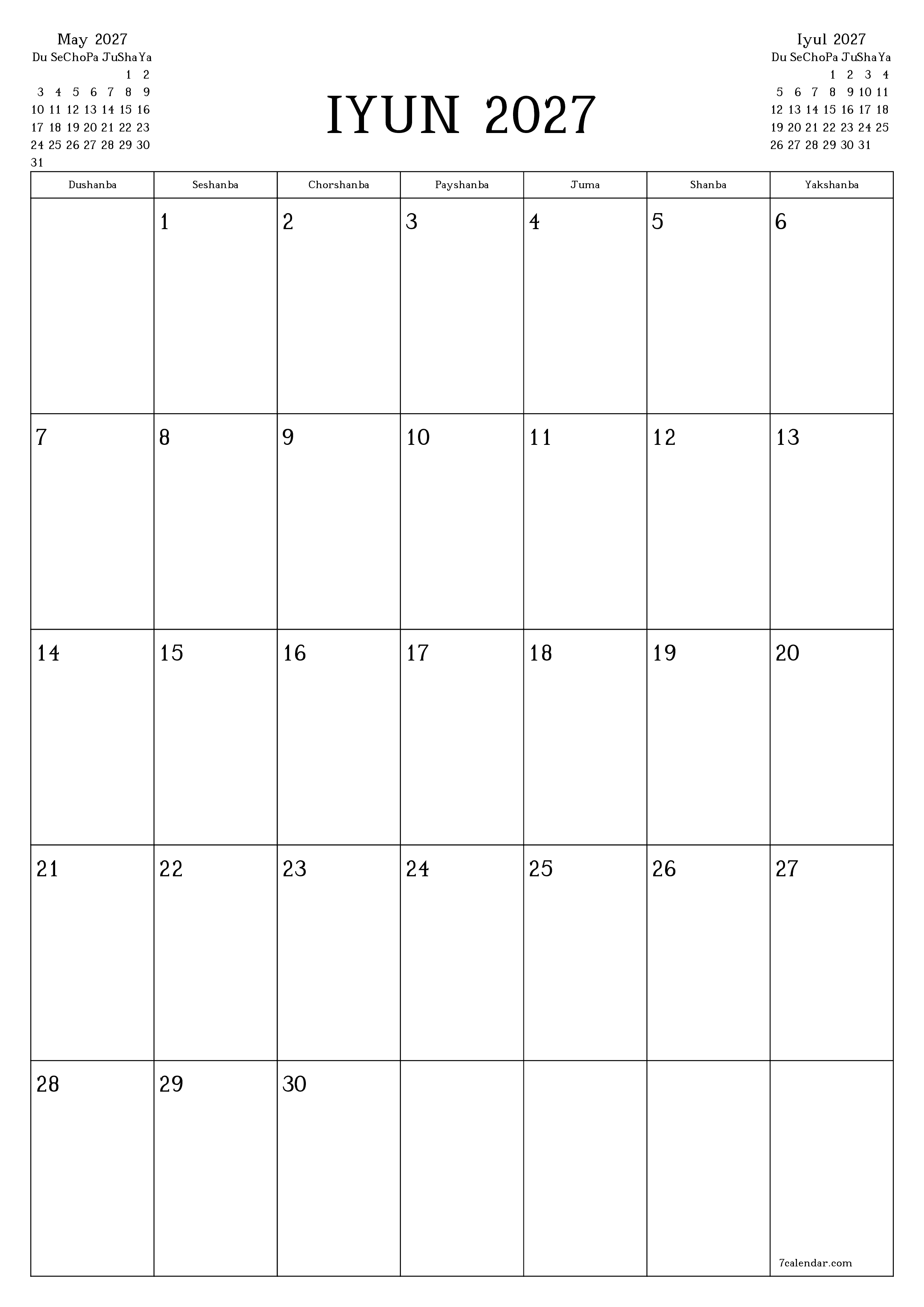 Iyun 2027 oylik oylik rejalashtiruvchini yozuvlar bilan bo'shatish, saqlash va PDF-ga chop etish PNG Uzbek