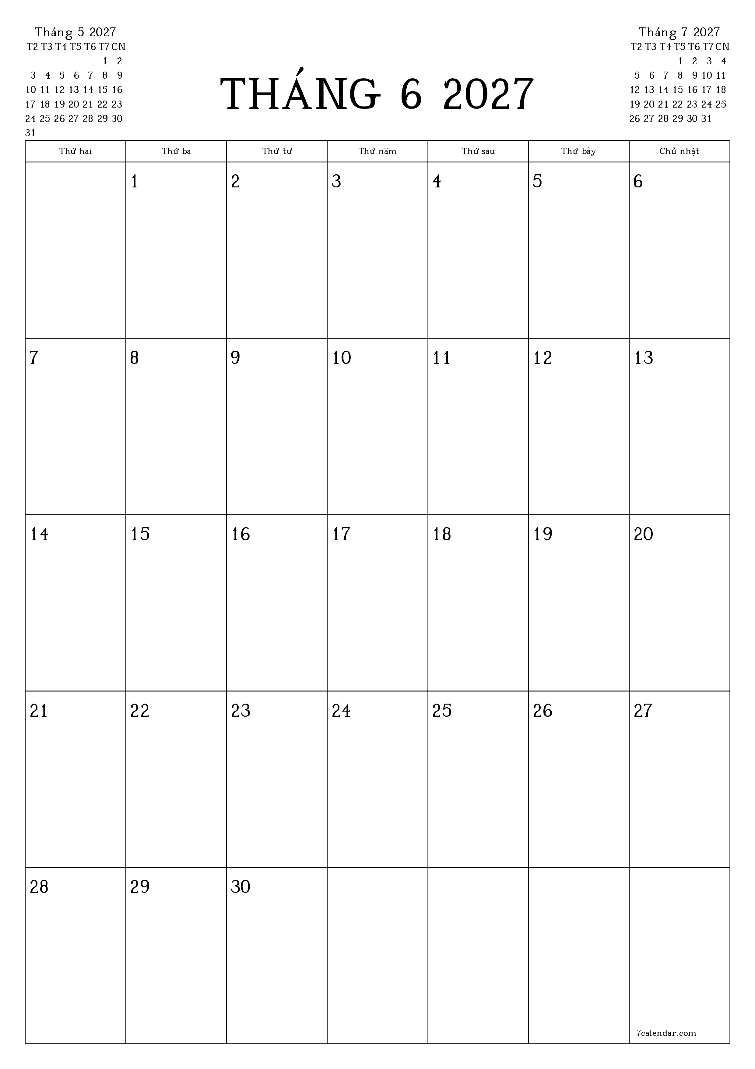 Công cụ lập kế hoạch hàng tháng trống cho tháng Tháng 6 2027 có ghi chú, lưu và in sang PDF PNG Vietnamese