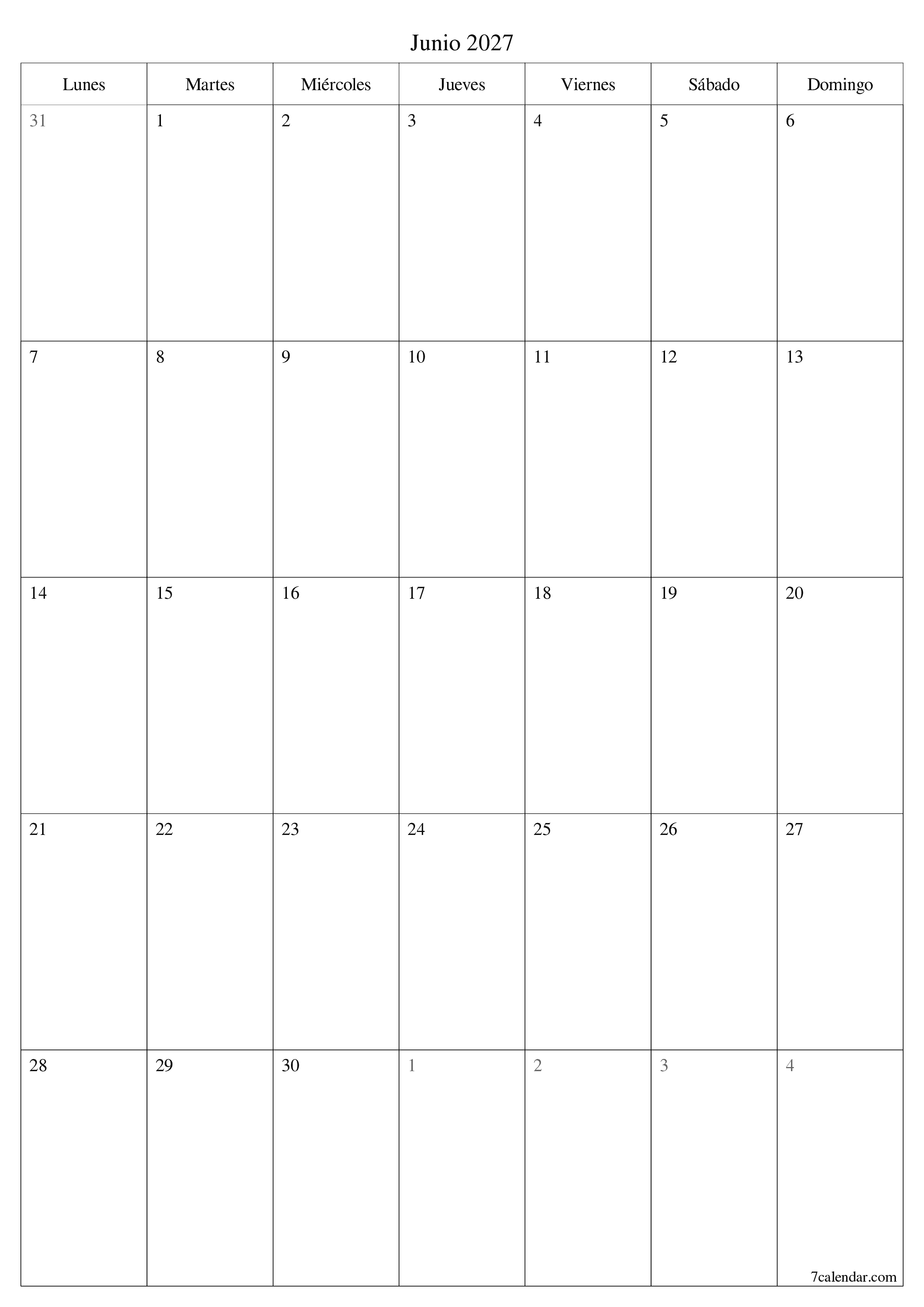 Planificador mensual vacío para el mes Junio 2027 con notas, guardar e imprimir en PDF PNG Spanish
