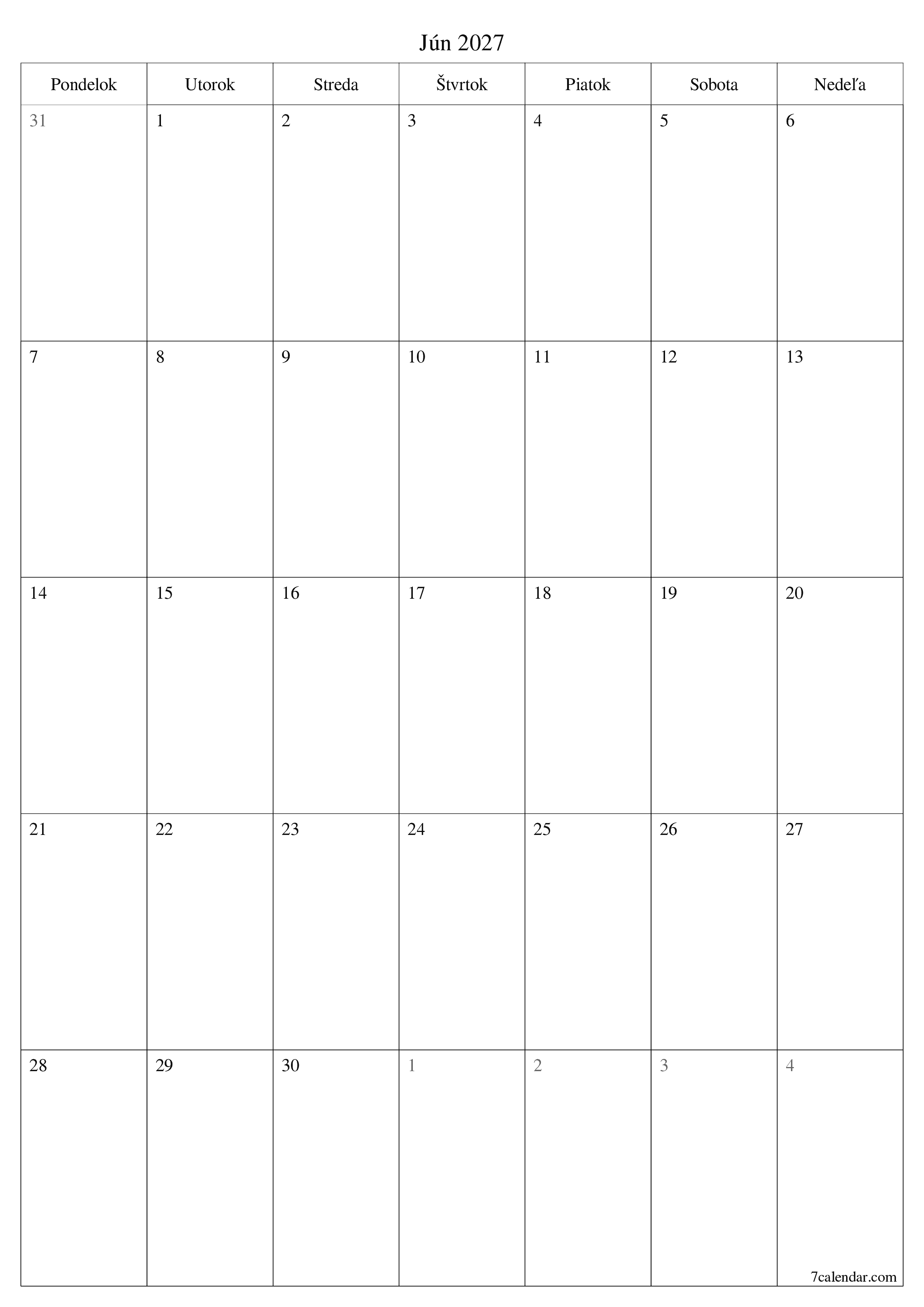 Prázdny mesačný plánovač na mesiac Jún 2027 s poznámkami, uloženie a tlač do PDF PNG Slovak