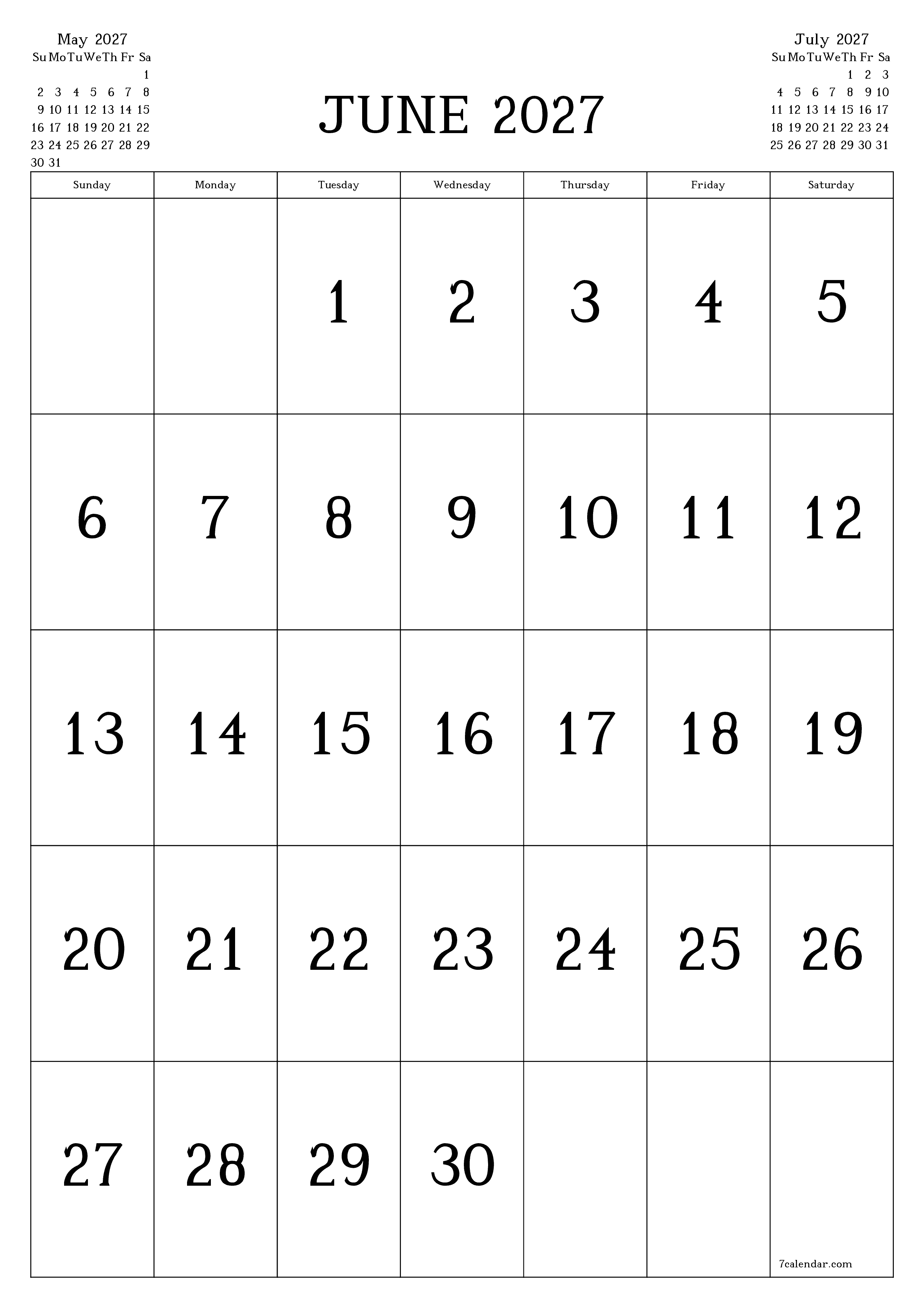 Blank calendar June 2027