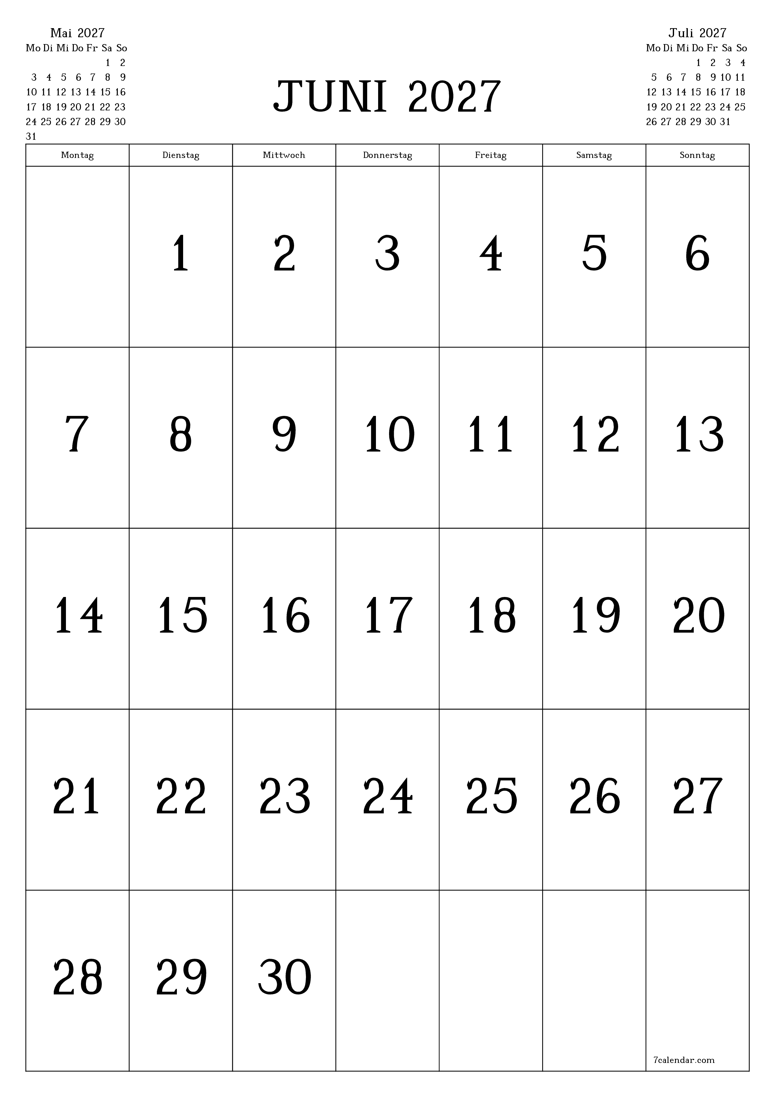Monatsplaner für Monat Juni 2027 mit Notizen leeren, speichern und als PDF PNG German - 7calendar.com drucken