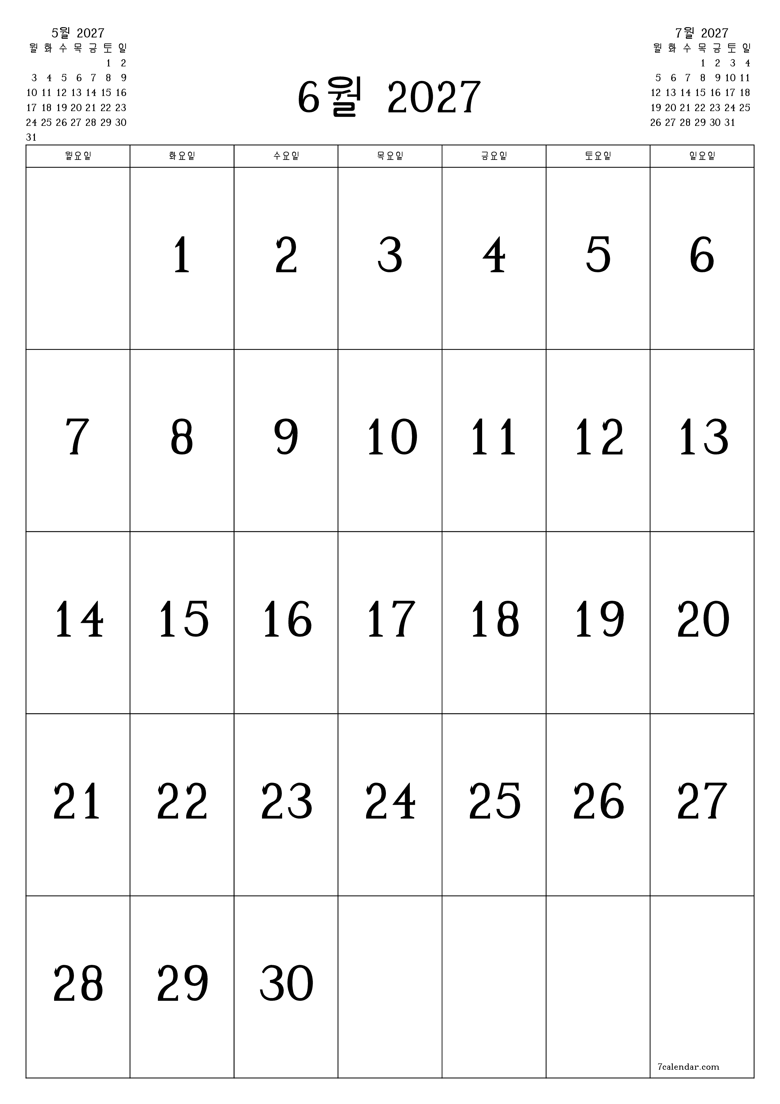 메모가있는 6월 2027 월의 월간 플래너 비우기, PDF PNG Korean-7calendar.com으로 저장 및 인쇄