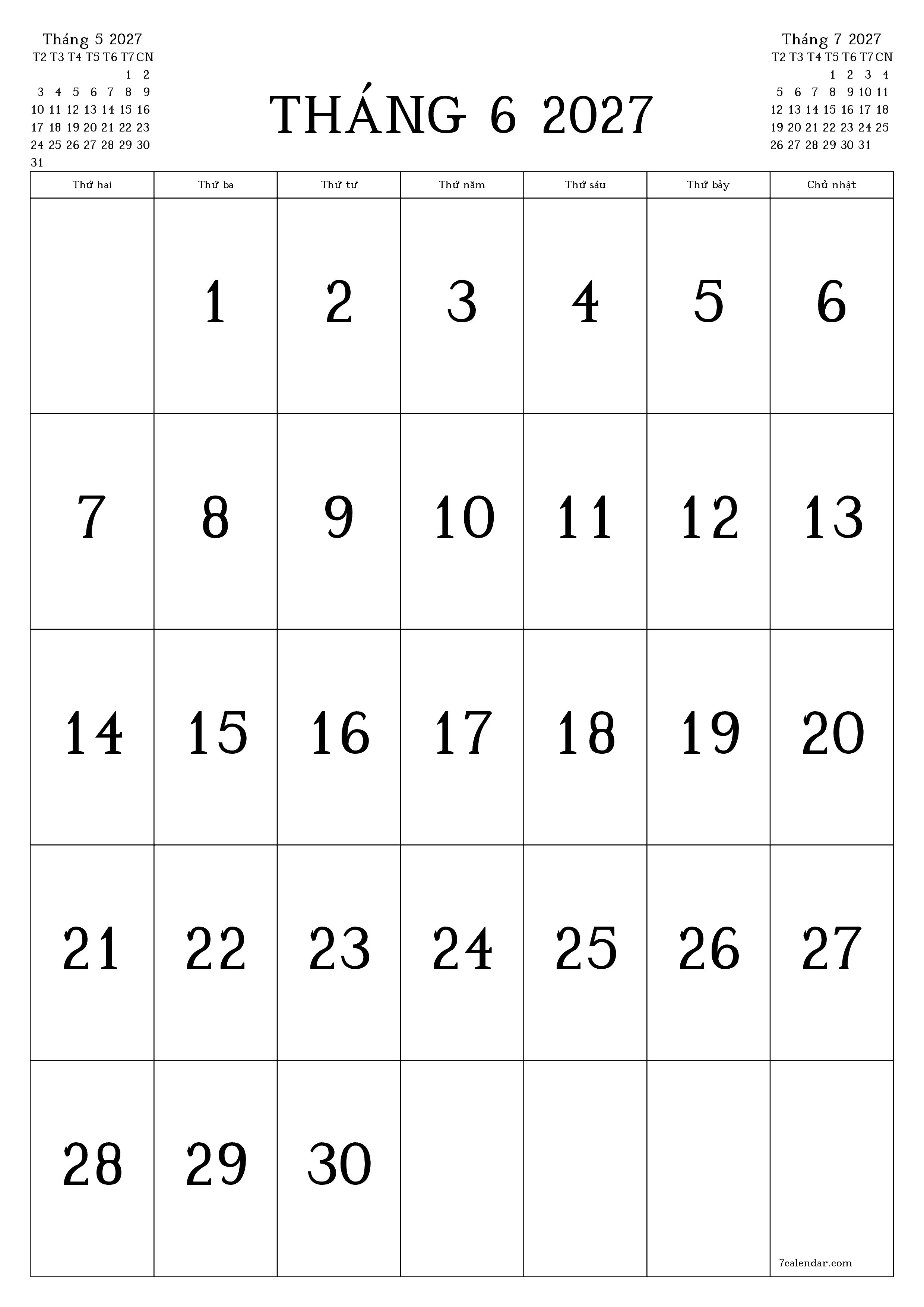 Công cụ lập kế hoạch hàng tháng trống cho tháng Tháng 6 2027 có ghi chú, lưu và in sang PDF PNG Vietnamese