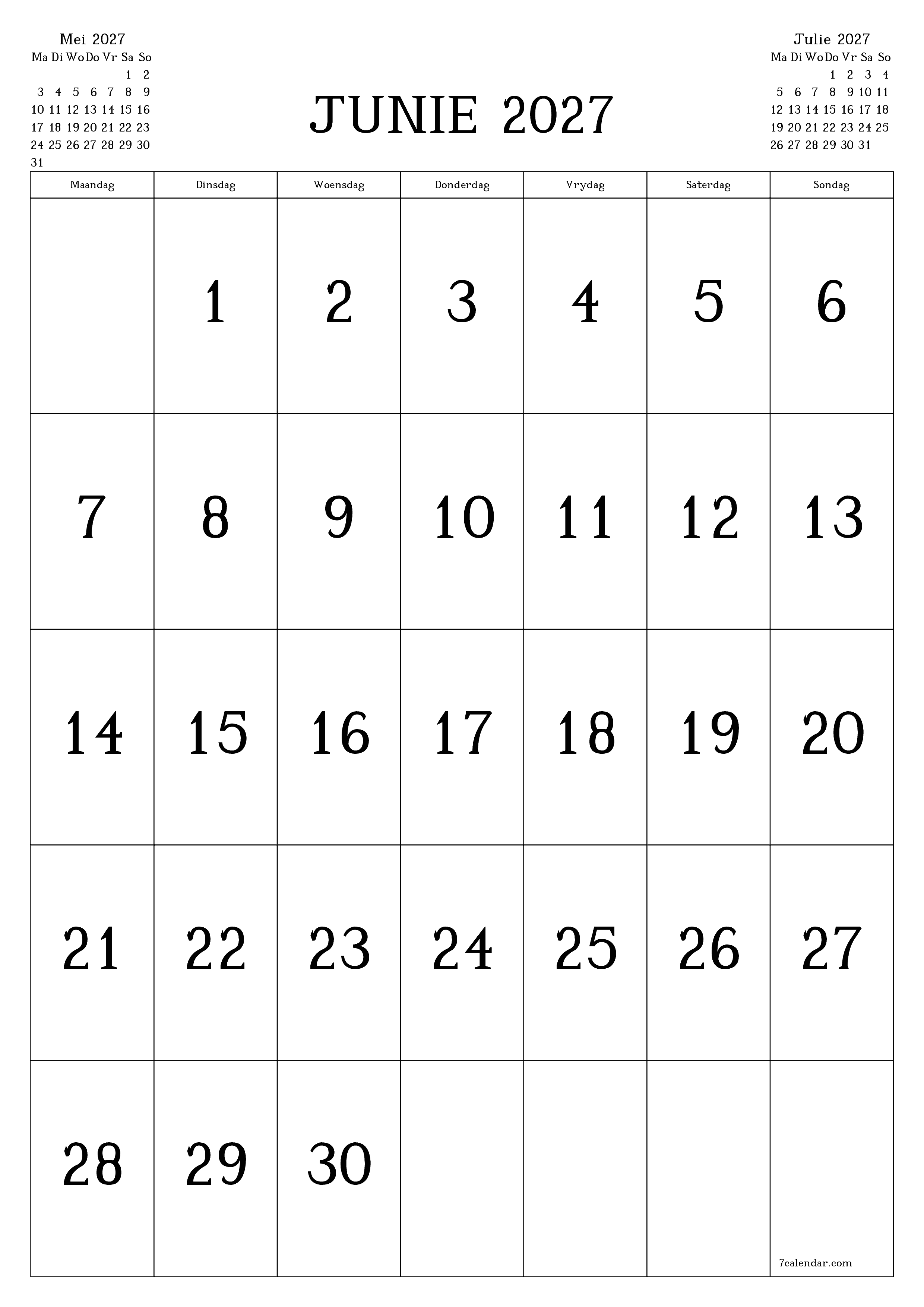 Leë maandelikse drukbare kalender en beplanner vir maand Junie 2027 met notas stoor en druk na PDF PNG Afrikaans