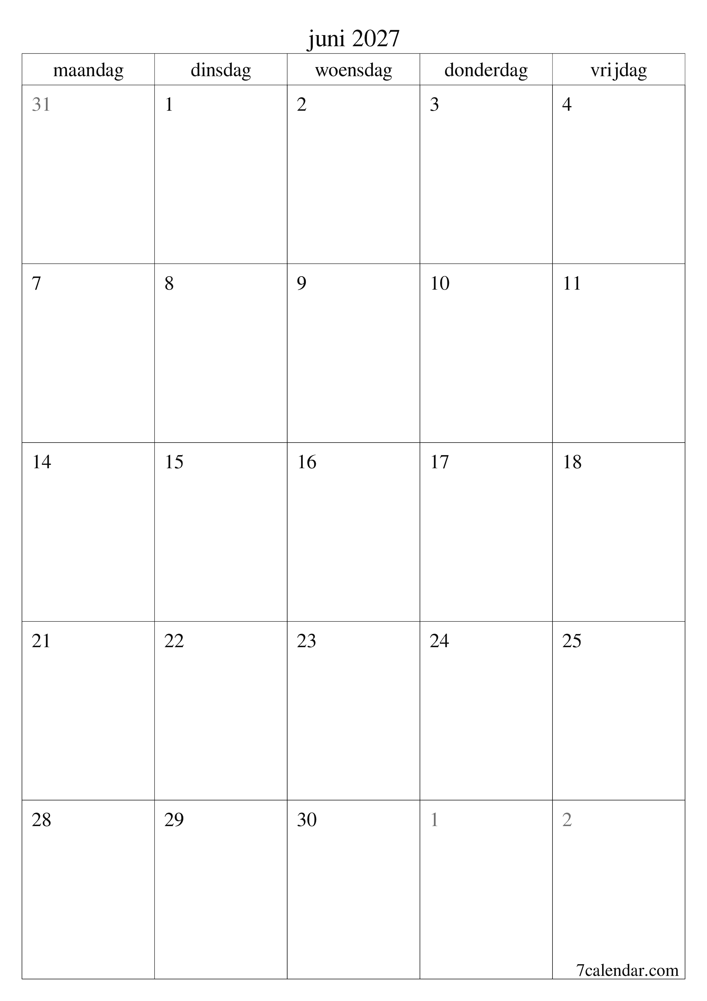 Lege maandplanner voor maand juni 2027 met notities, opslaan en afdrukken naar pdf PNG Dutch