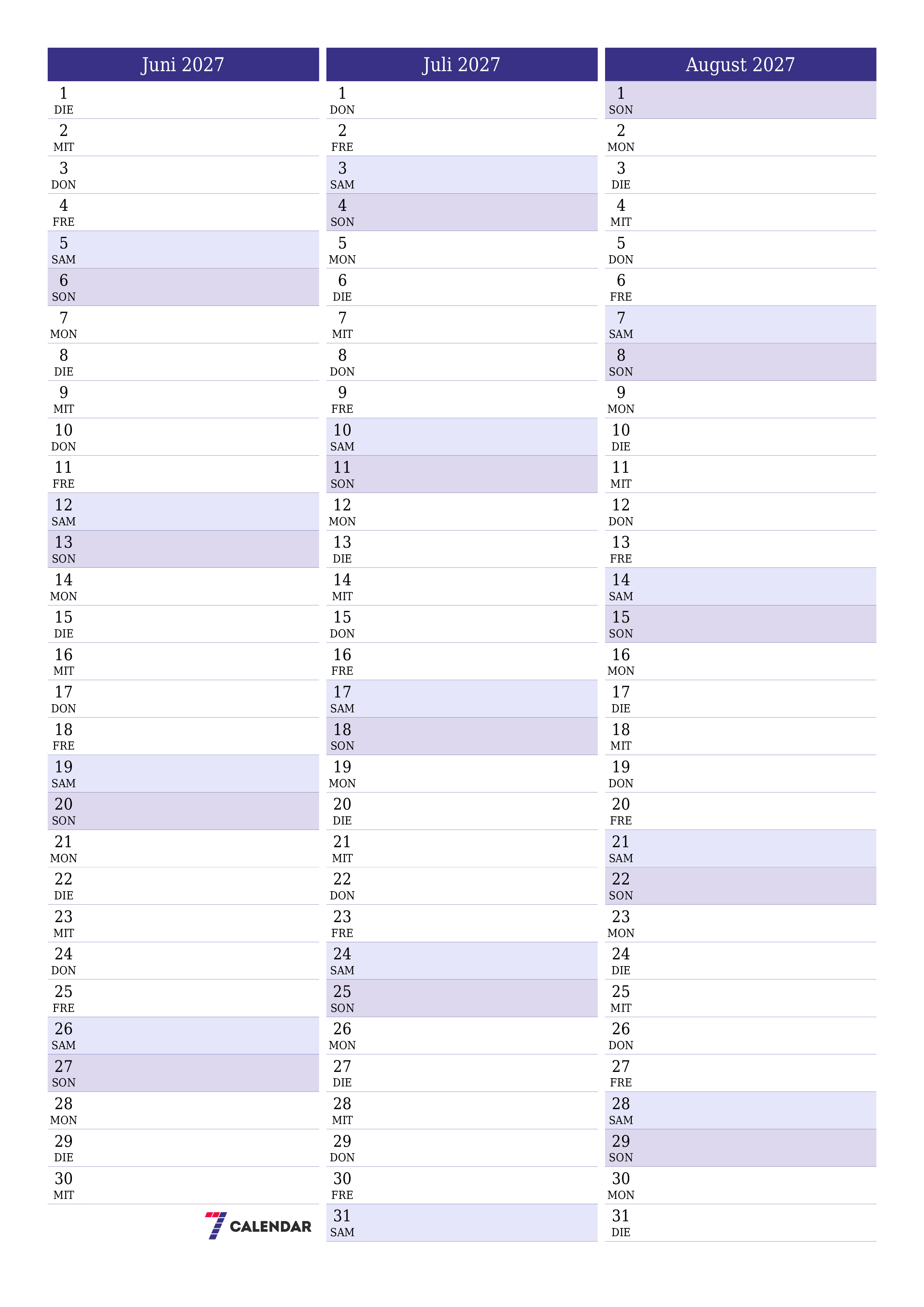 Monatsplaner für Monat Juni 2027 mit Notizen leeren, speichern und als PDF PNG German - 7calendar.com drucken