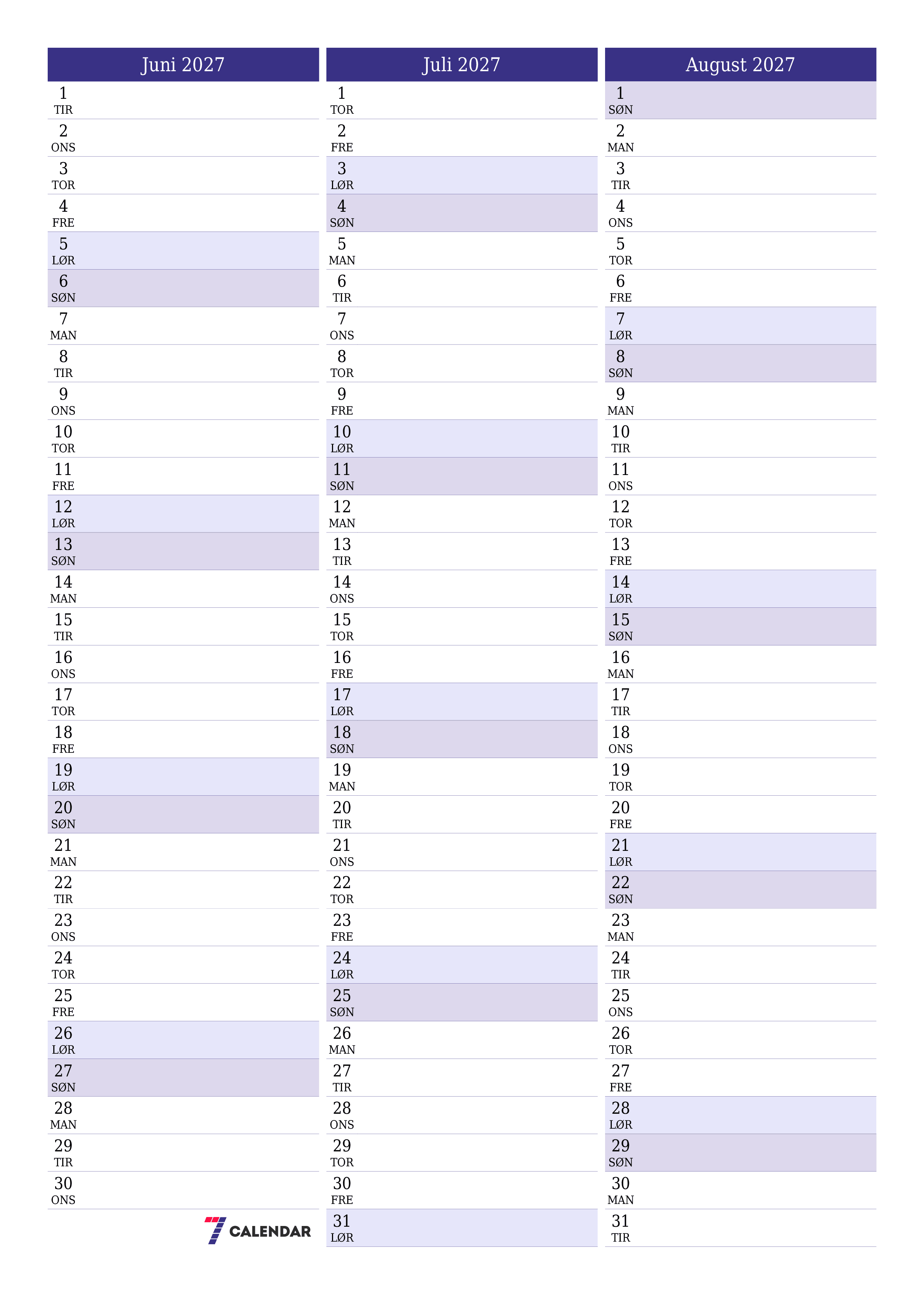 Tom månedlig planlægning for måned Juni 2027 med noter, gem og udskriv til PDF PNG Danish