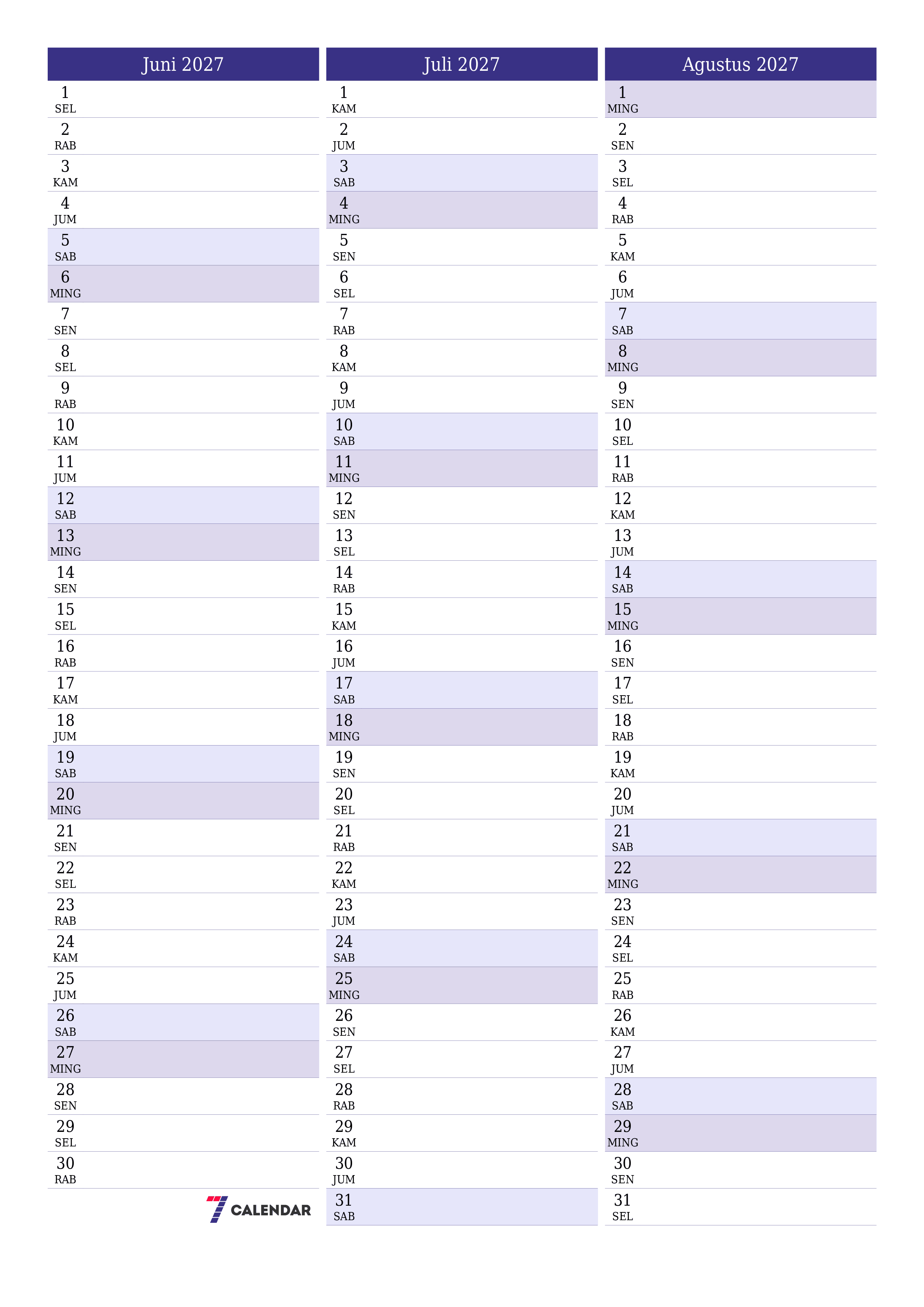 Kosongkan agenda bulanan untuk bulan Juni 2027 dengan catatan, simpan dan cetak ke PDF PNG Indonesian