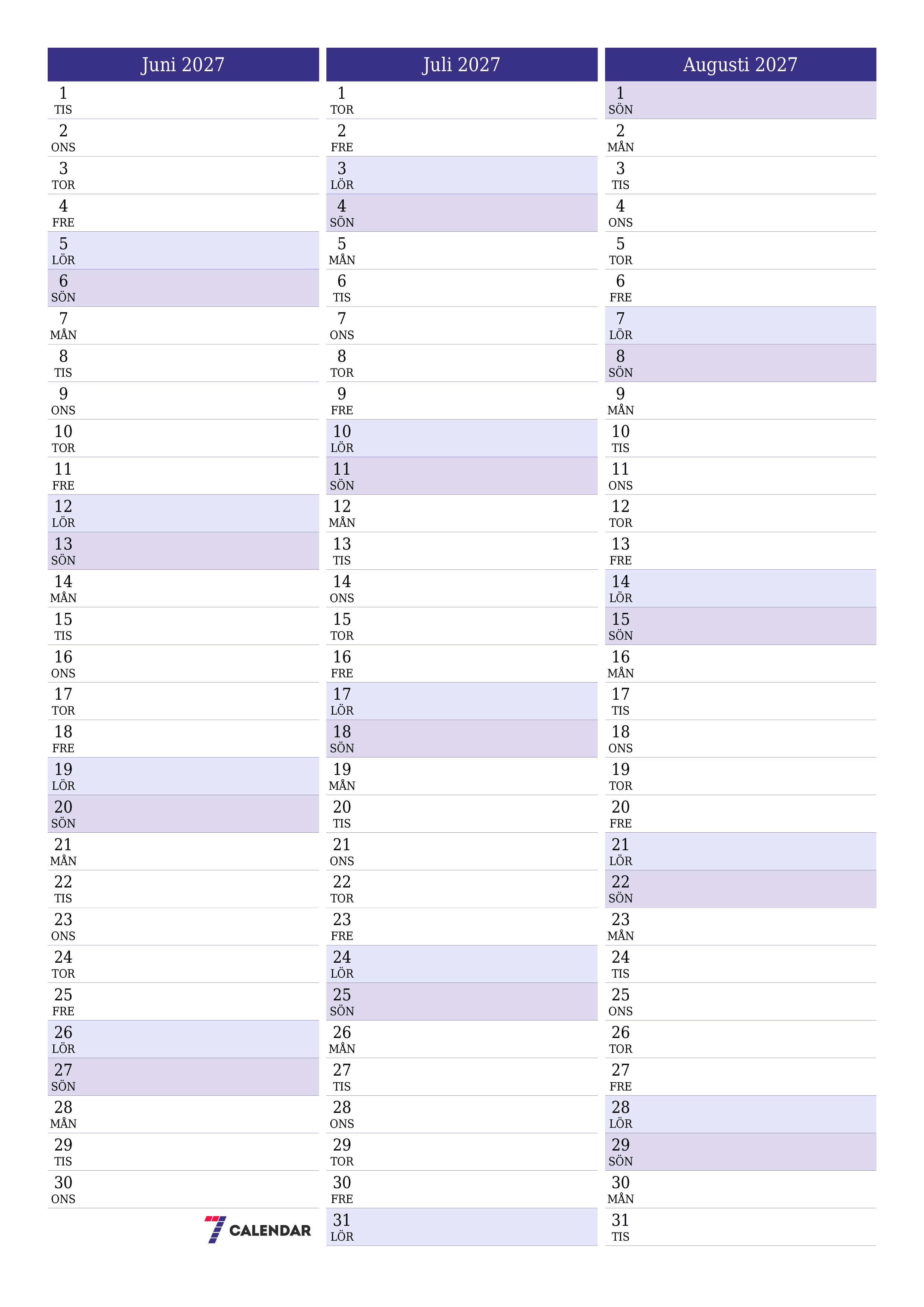 Tom månadsplanerare för månad Juni 2027 med anteckningar, spara och skriv ut till PDF PNG Swedish