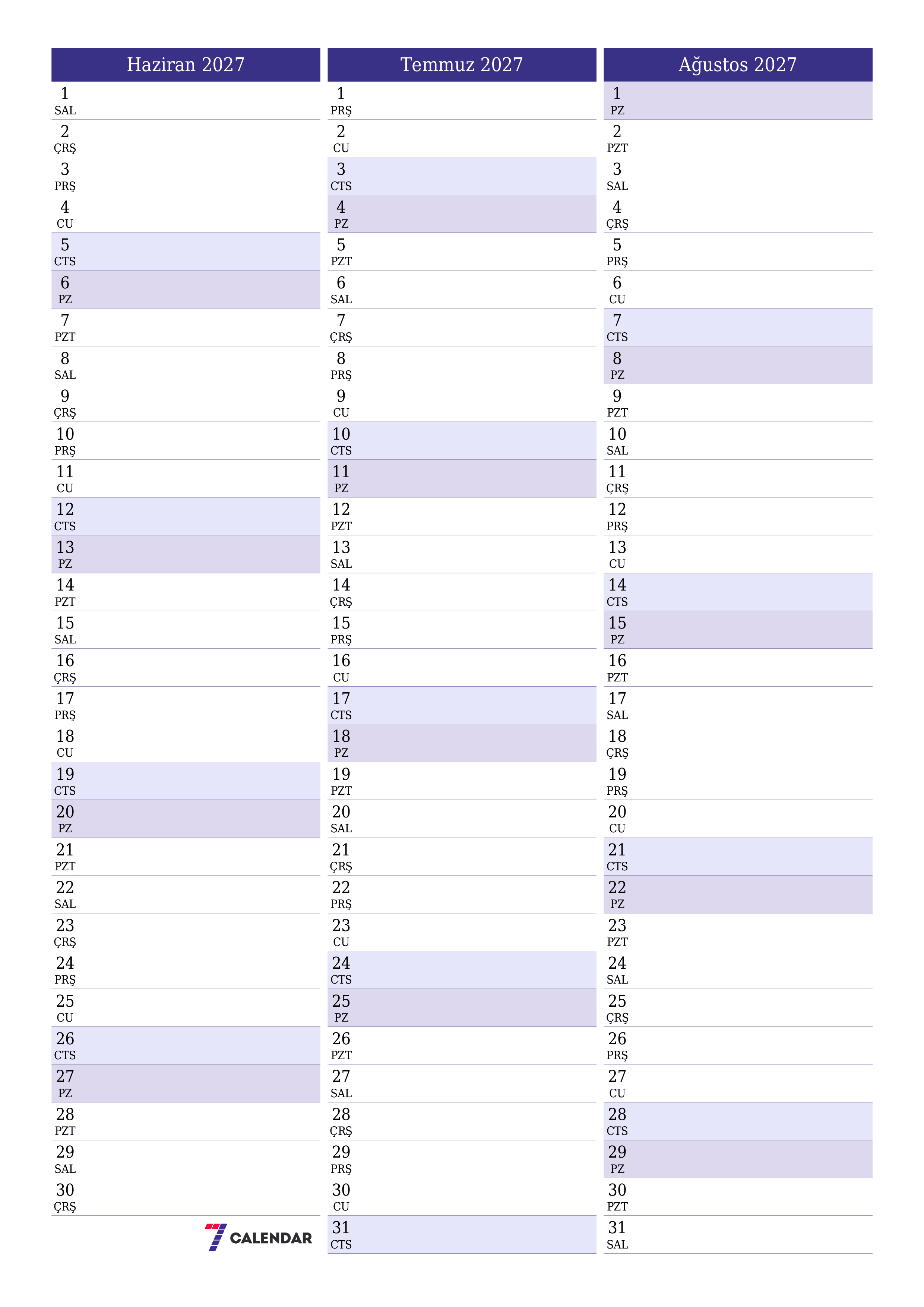 Haziran 2027 ayı için notlarla birlikte boş aylık planlayıcı, kaydedin ve PDF'ye yazdırın PNG Turkish