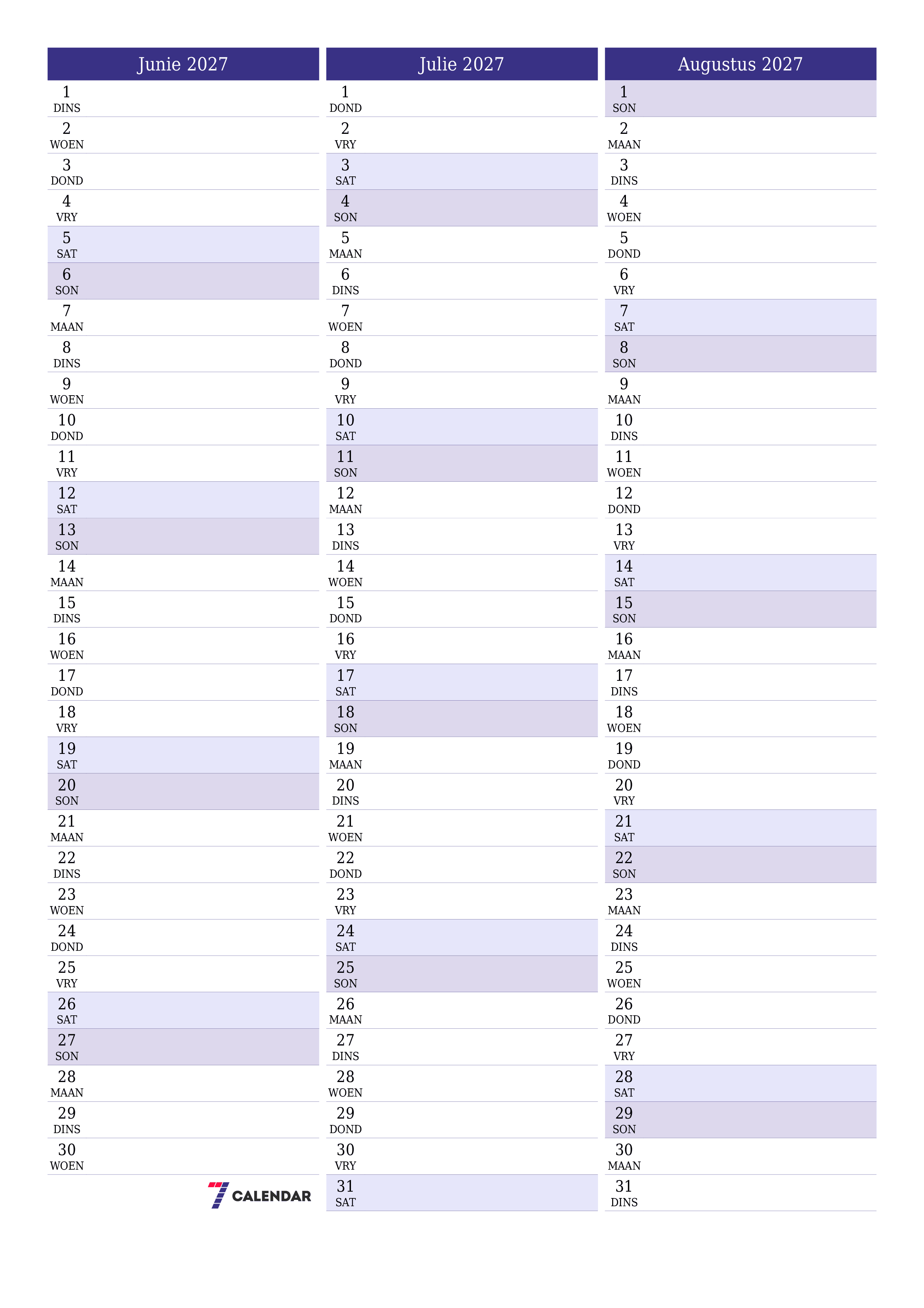 Leë maandelikse drukbare kalender en beplanner vir maand Junie 2027 met notas stoor en druk na PDF PNG Afrikaans