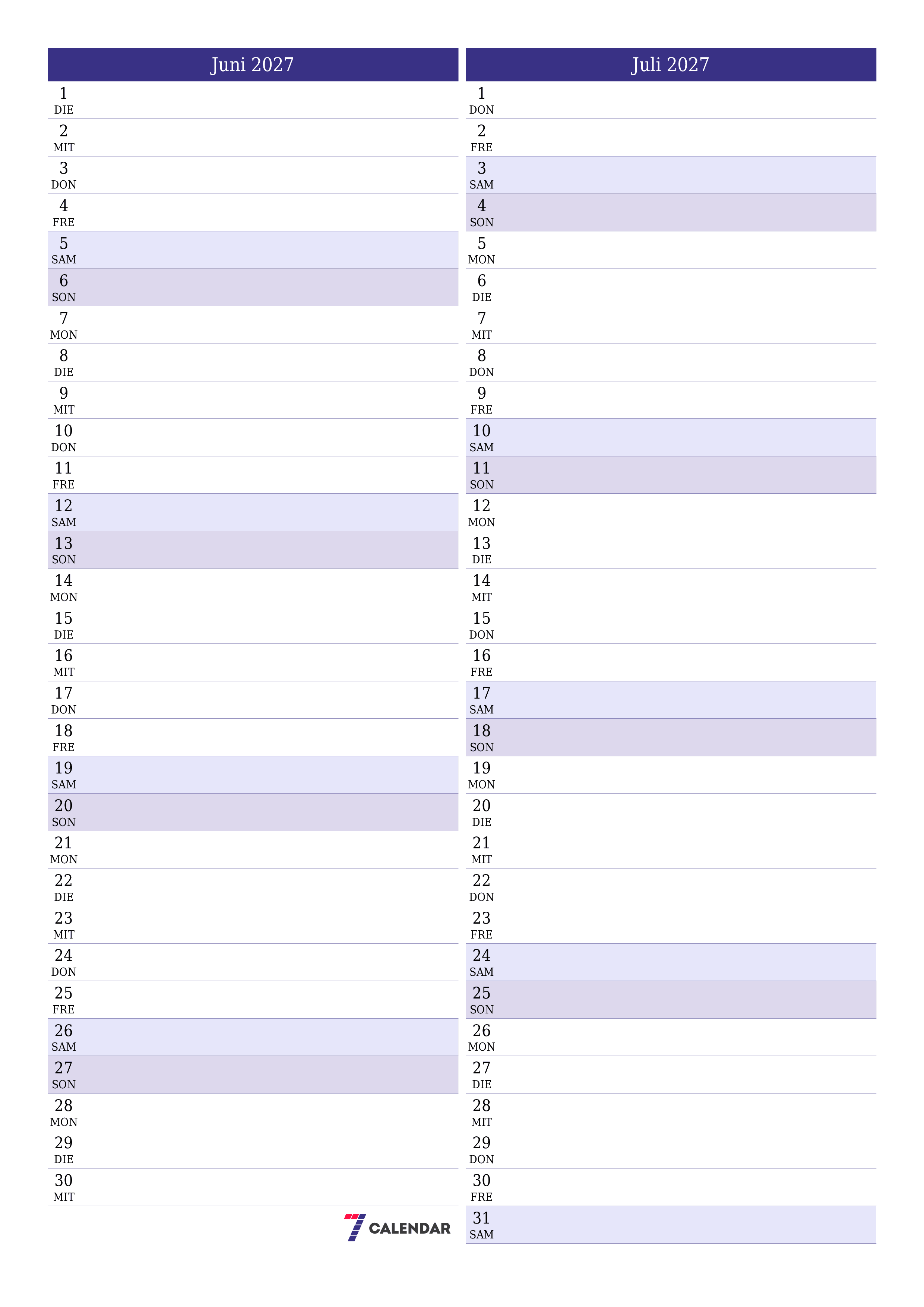 Monatsplaner für Monat Juni 2027 mit Notizen leeren, speichern und als PDF PNG German - 7calendar.com drucken