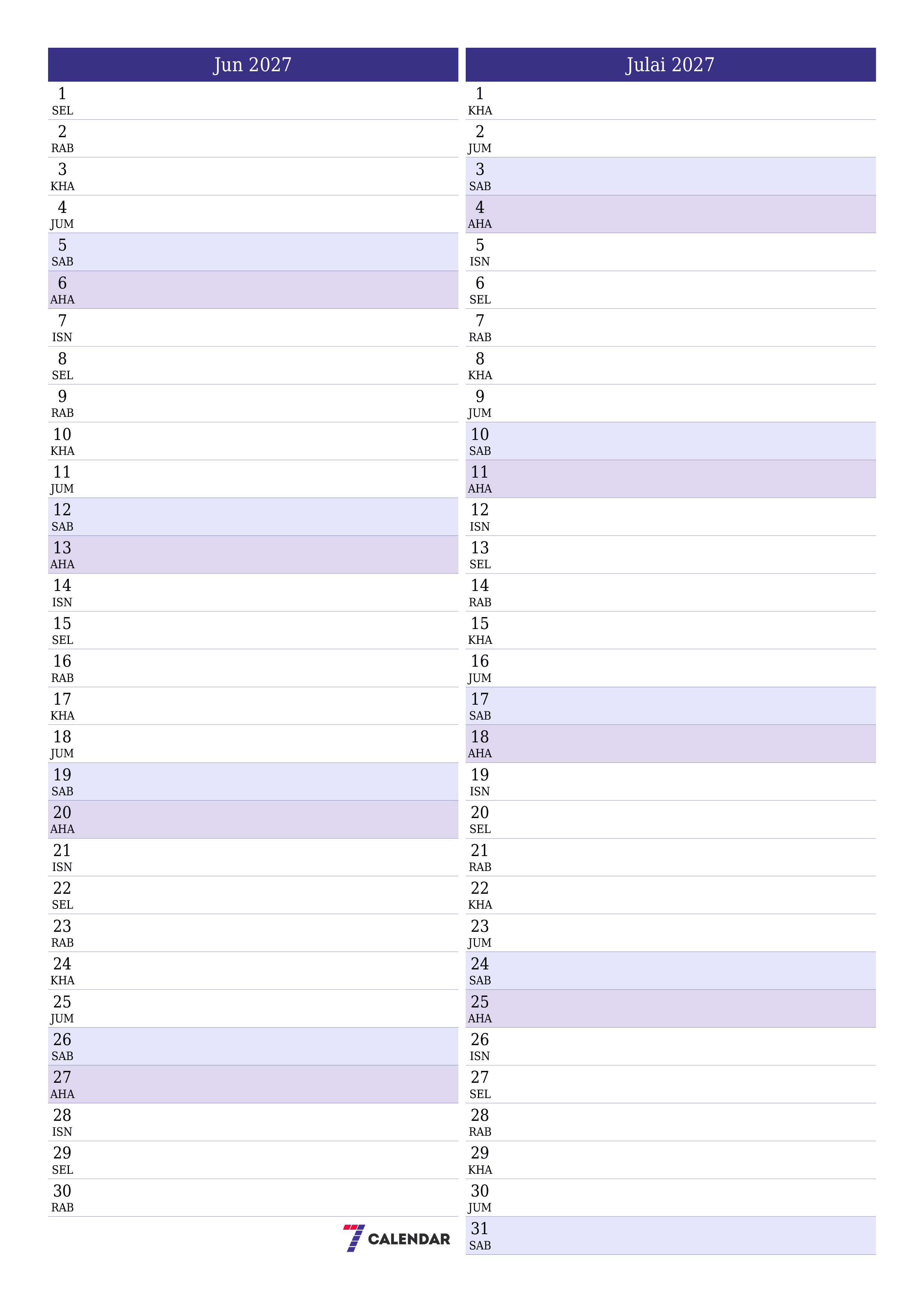 Perancang bulanan kosong untuk bulan Jun 2027 dengan nota, simpan dan cetak ke PDF PNG Malay