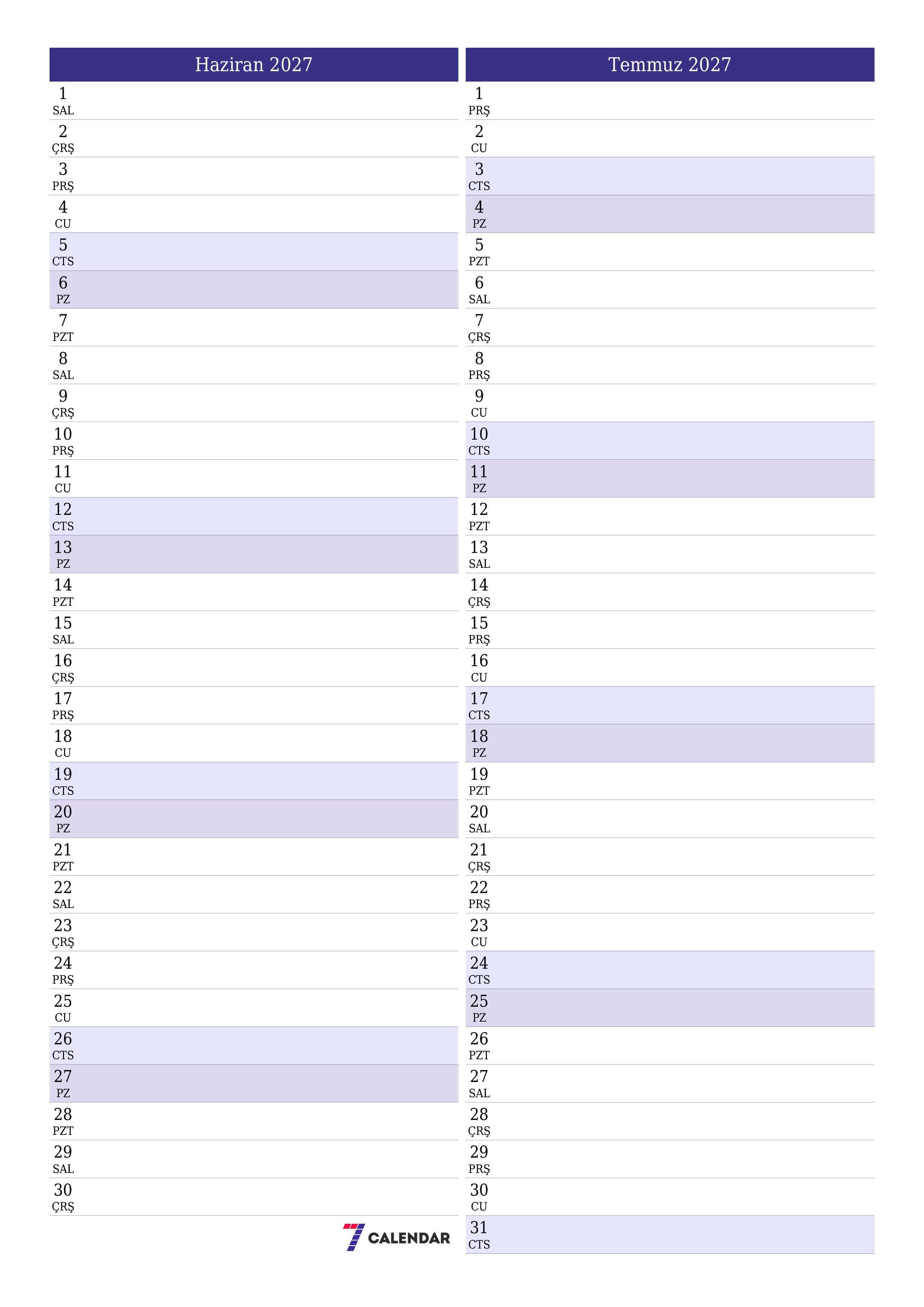 Haziran 2027 ayı için notlarla birlikte boş aylık planlayıcı, kaydedin ve PDF'ye yazdırın PNG Turkish