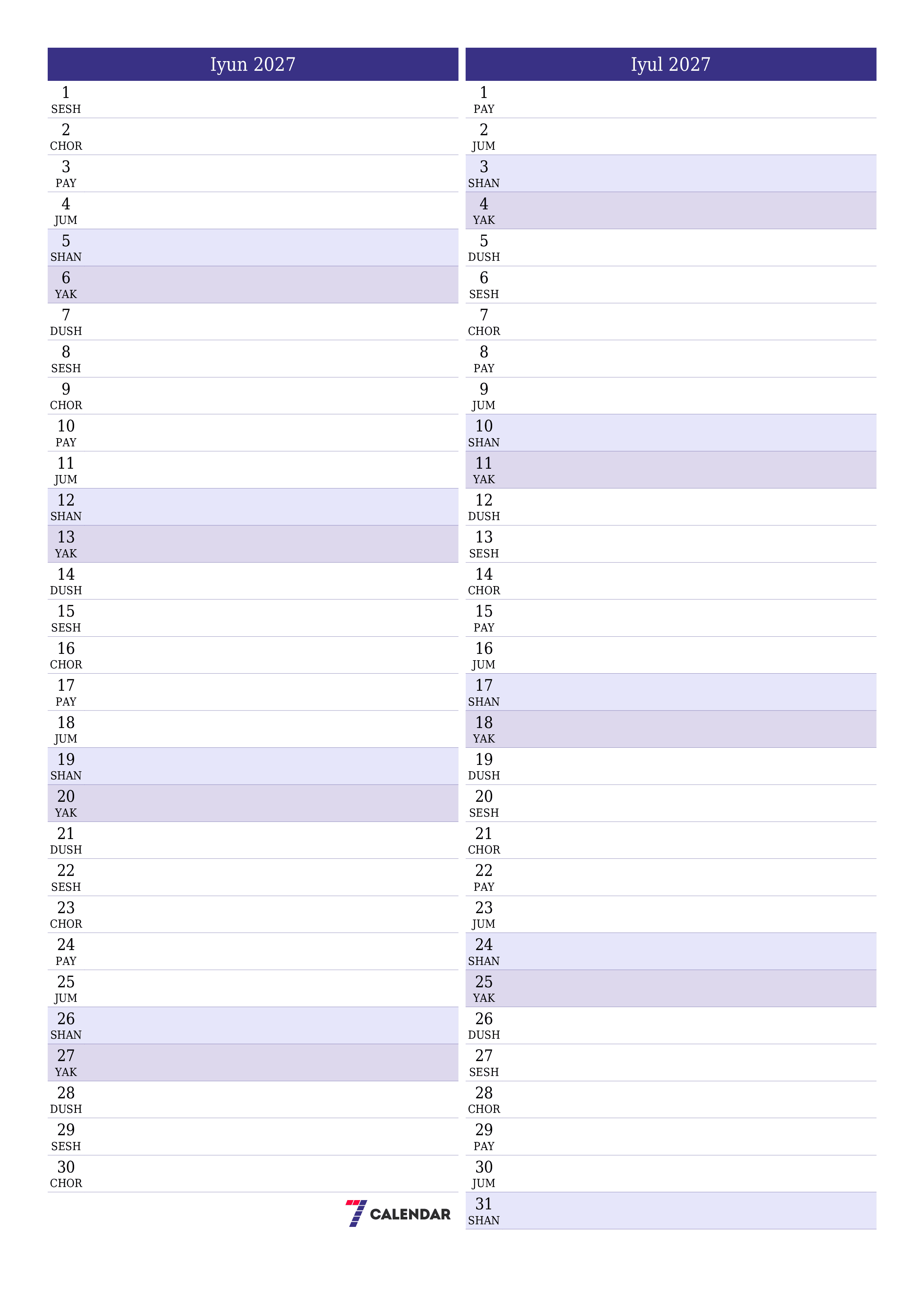 Iyun 2027 oylik oylik rejalashtiruvchini yozuvlar bilan bo'shatish, saqlash va PDF-ga chop etish PNG Uzbek