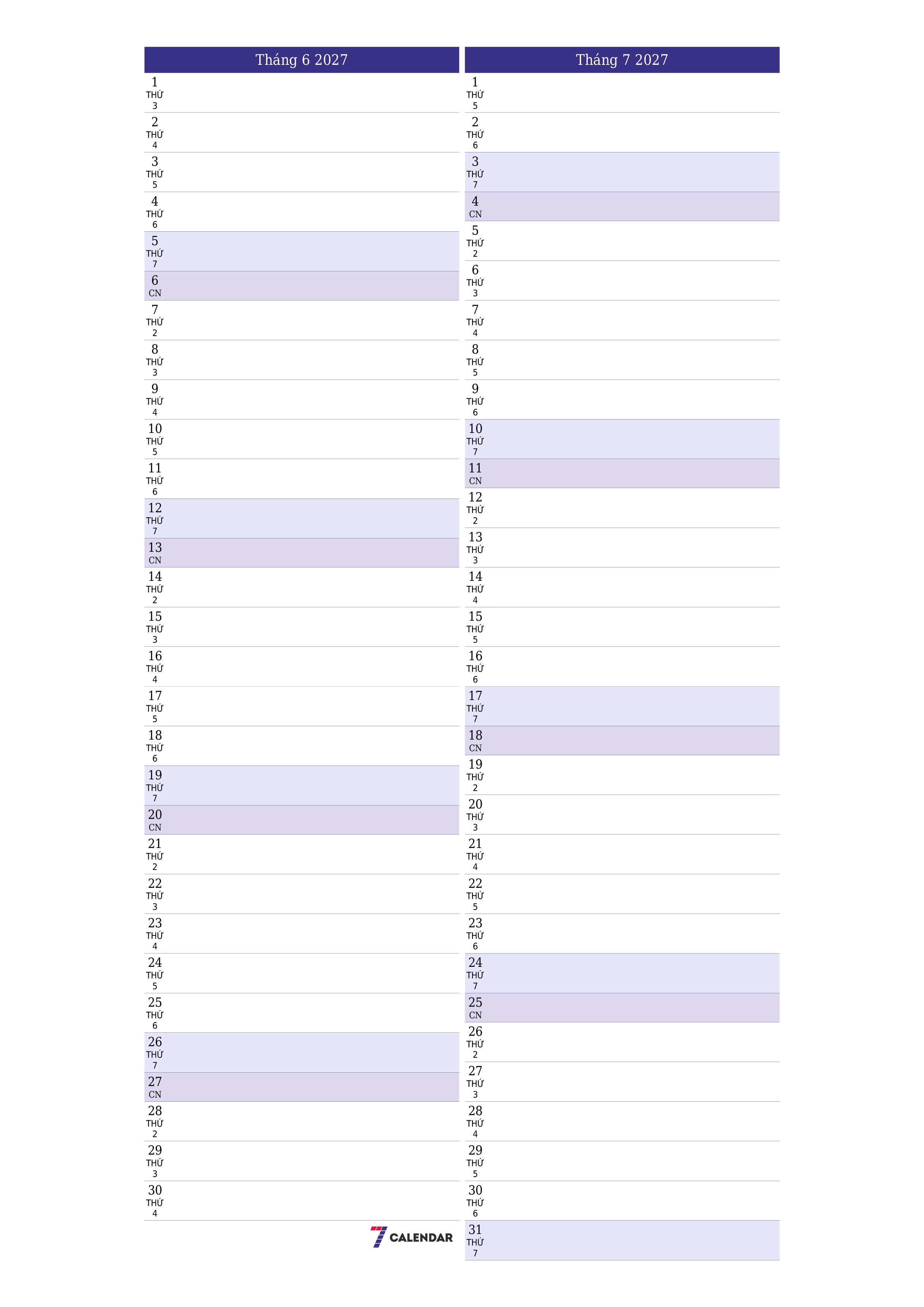 Công cụ lập kế hoạch hàng tháng trống cho tháng Tháng 6 2027 có ghi chú, lưu và in sang PDF PNG Vietnamese