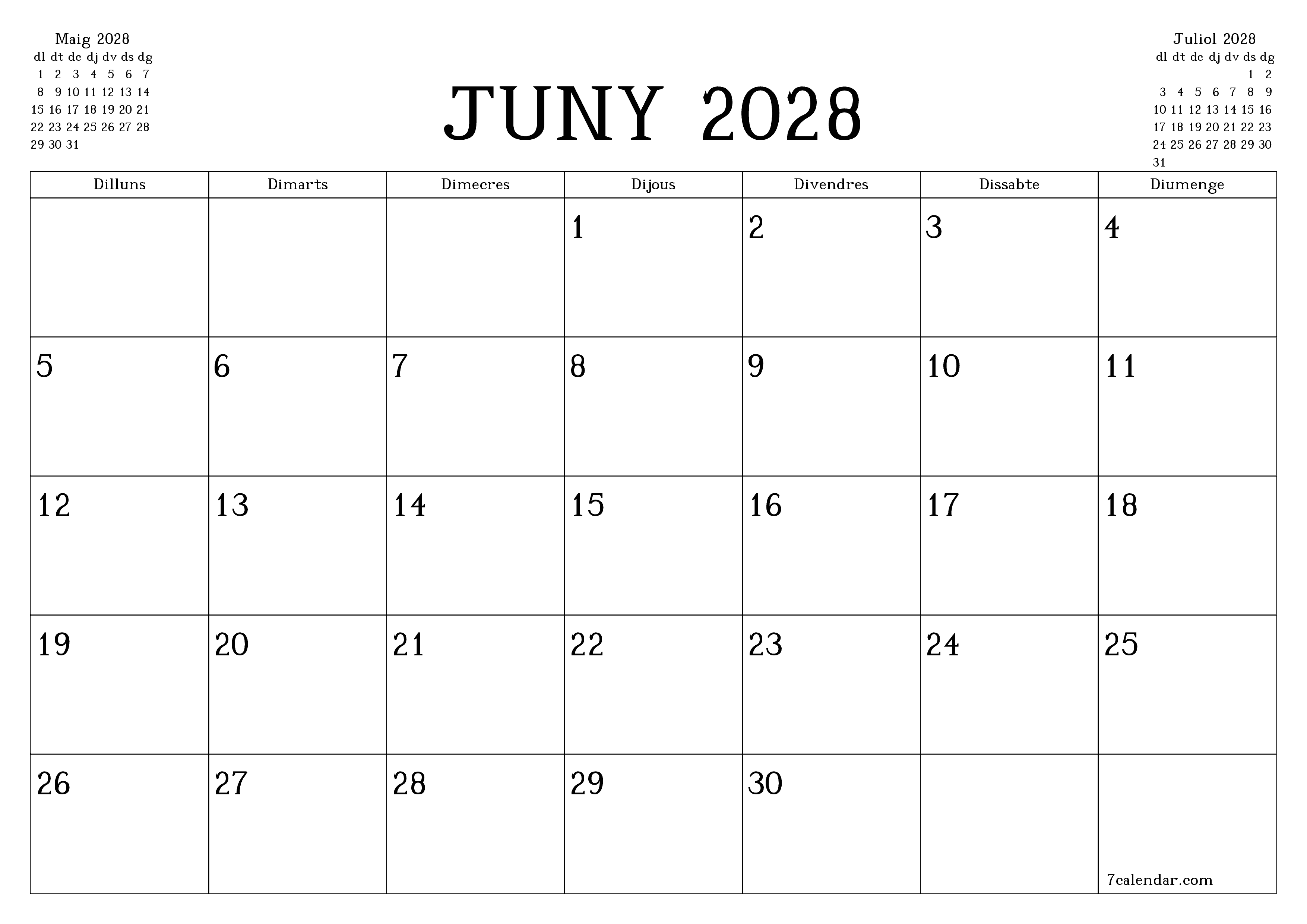 Planificador mensual buit del mes Juny 2028 amb notes, deseu-lo i imprimiu-lo en format PDF PNG Catalan