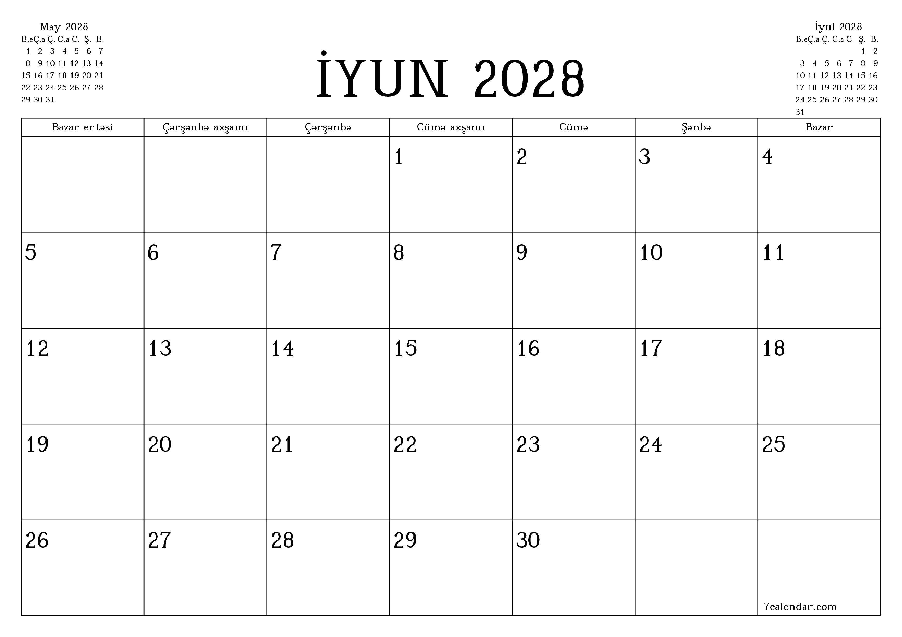 İyun 2028 ayı üçün qeydlər ilə boş aylıq planlayıcı, qeyd edin və PDF-ə yazdırın PNG Azerbaijani