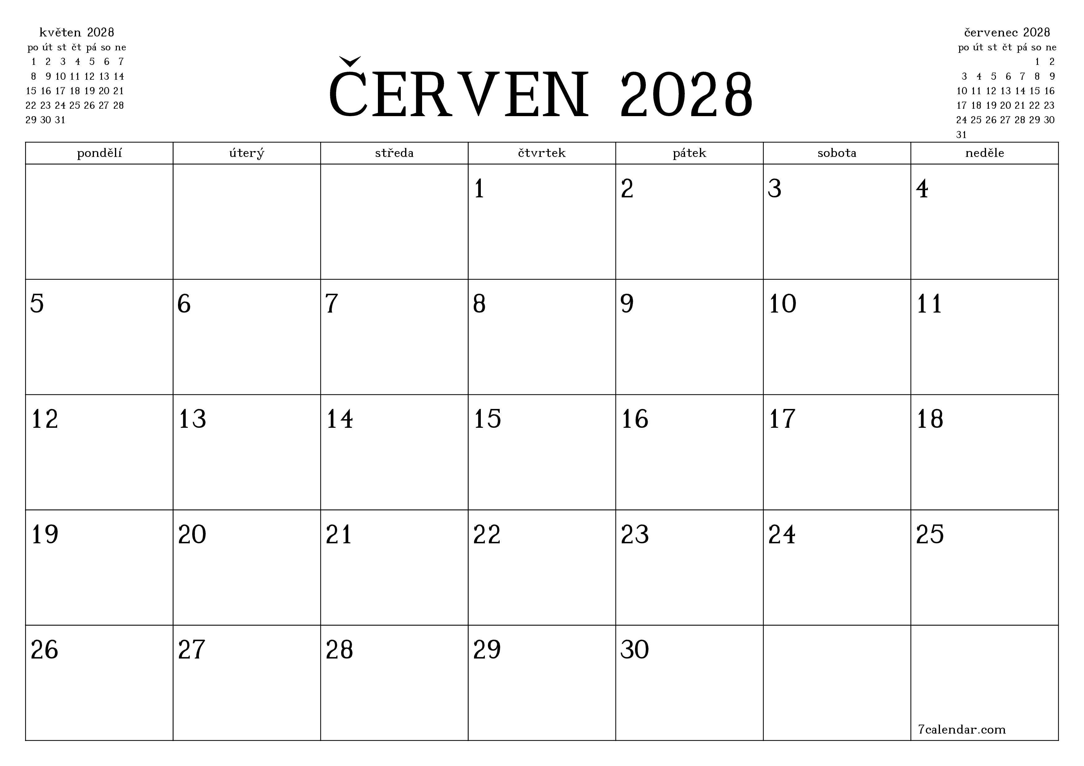 Vyprázdnit měsíční plánovač na měsíc červen 2028 s poznámkami, uložit a vytisknout do PDF PNG Czech