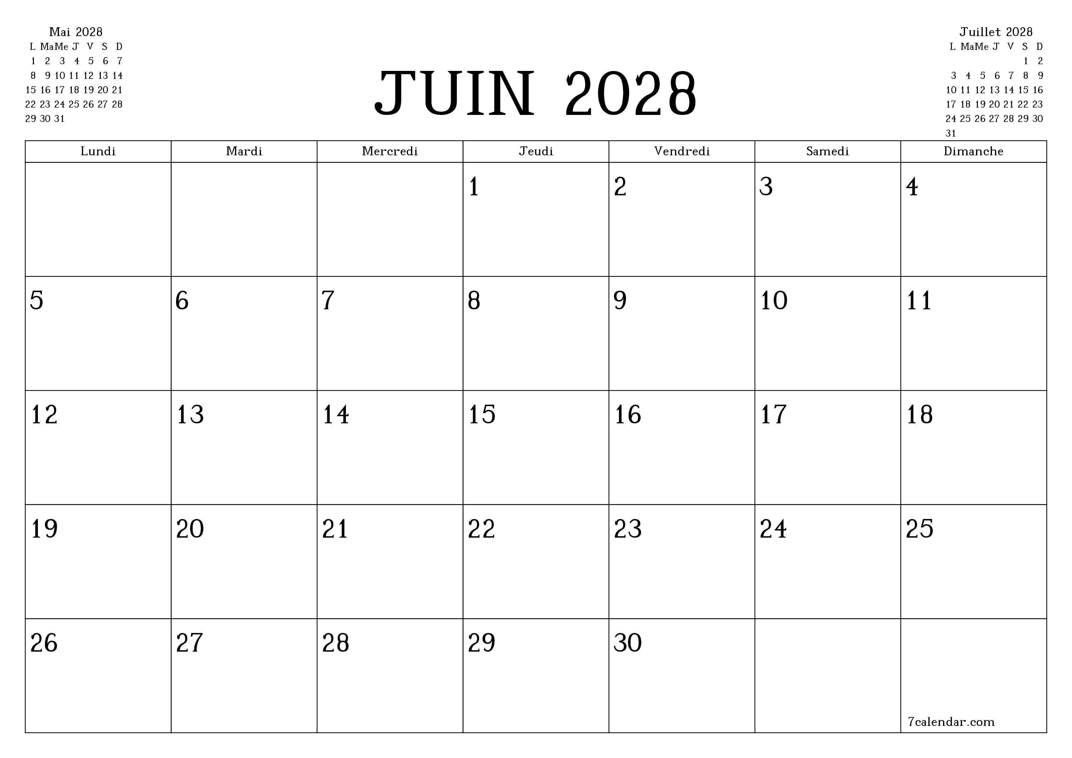Agenda mensuel vide pour le mois Juin 2028 avec notes, enregistrez et imprimez au format PDF PNG French