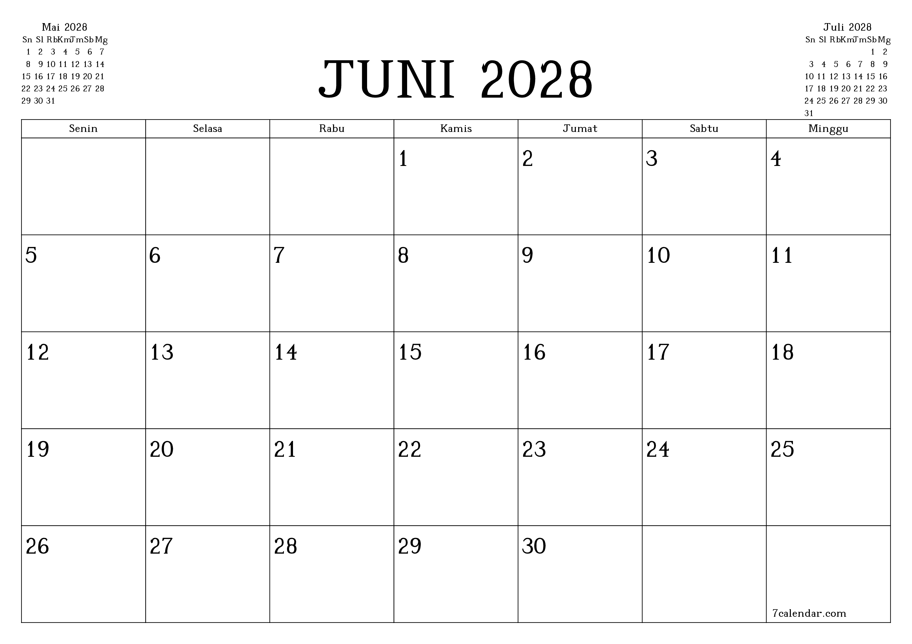 Kosongkan agenda bulanan untuk bulan Juni 2028 dengan catatan, simpan dan cetak ke PDF PNG Indonesian