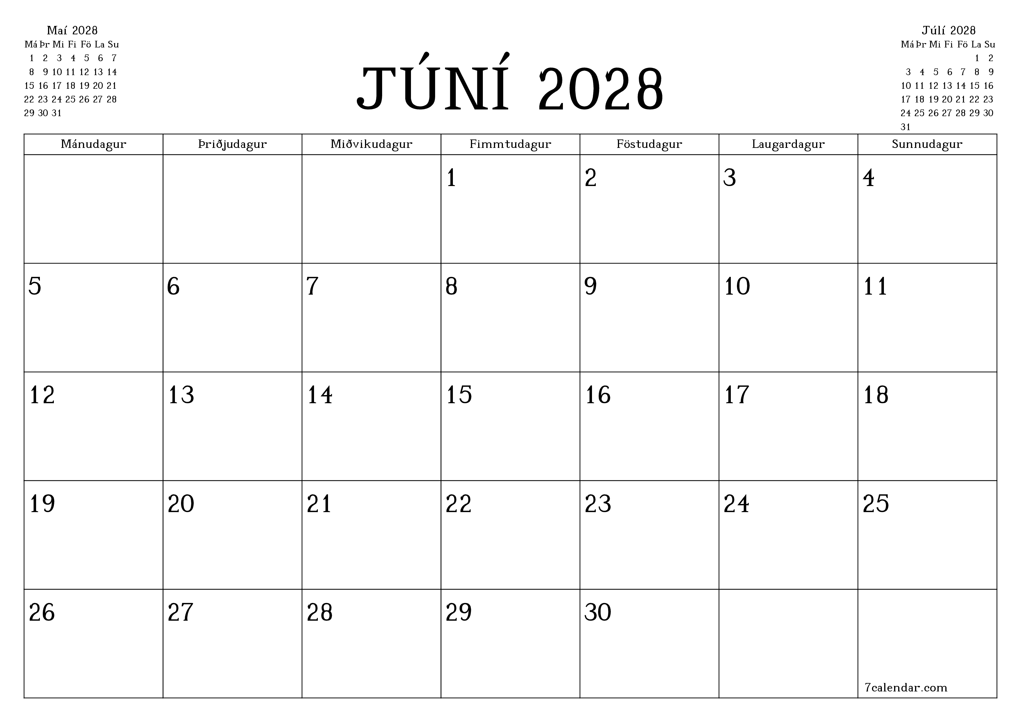 Tómur mánaðarlegur skipuleggjandi fyrir mánuðinn Júní 2028 með athugasemdum, vista og prenta á PDF PNG Icelandic