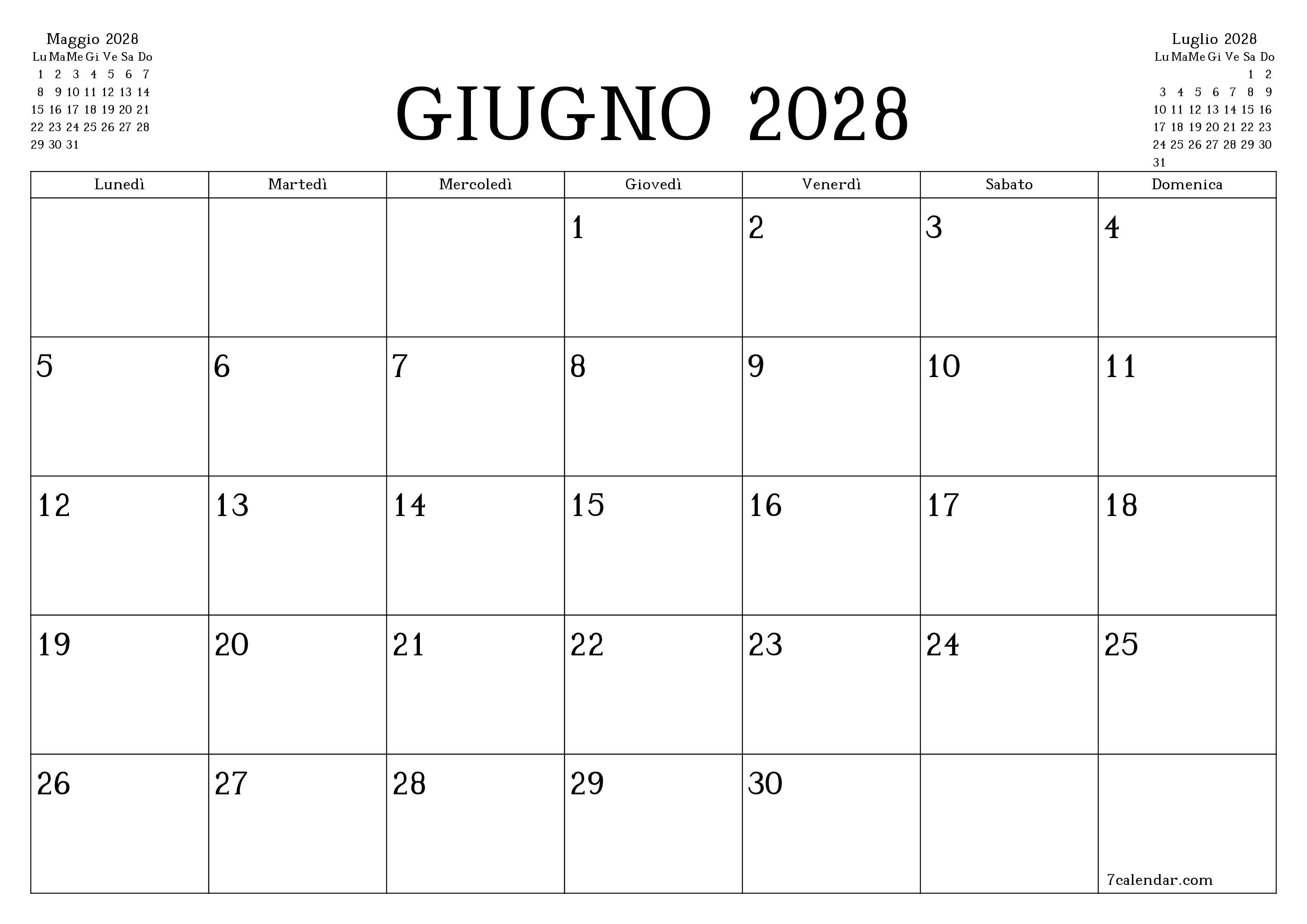 Pianificatore mensile vuoto per il mese Giugno 2028 con note, salva e stampa in PDF PNG Italian