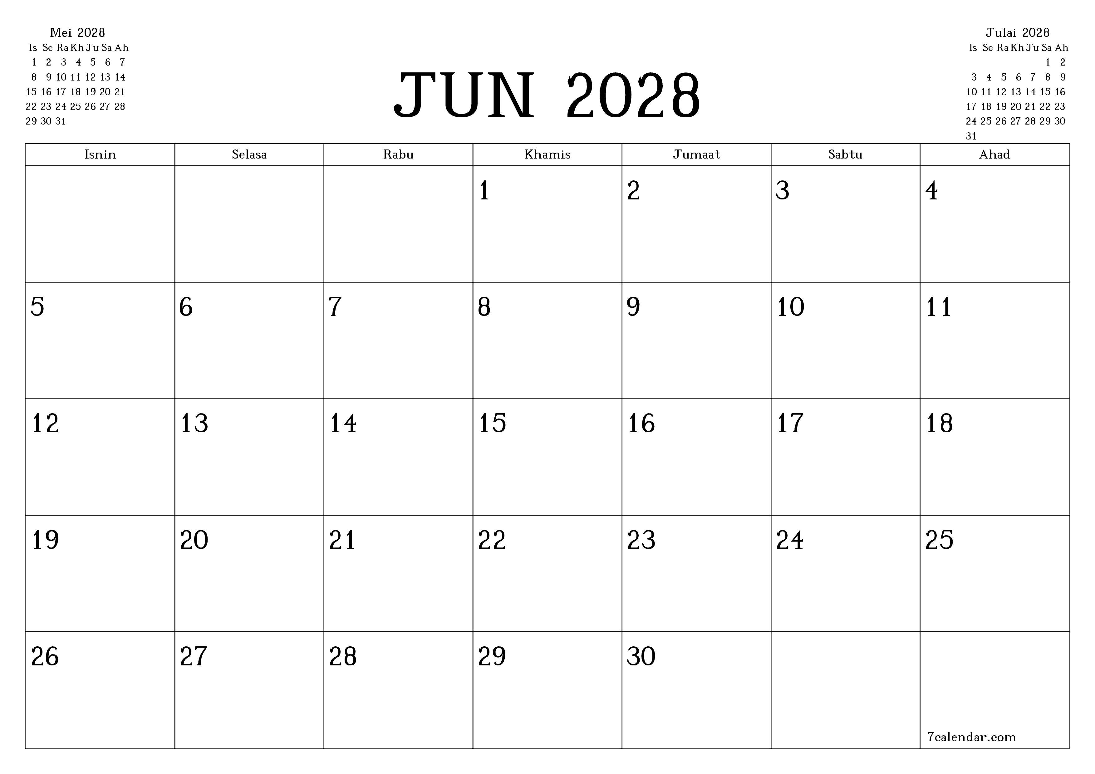 Perancang bulanan kosong untuk bulan Jun 2028 dengan nota, simpan dan cetak ke PDF PNG Malay