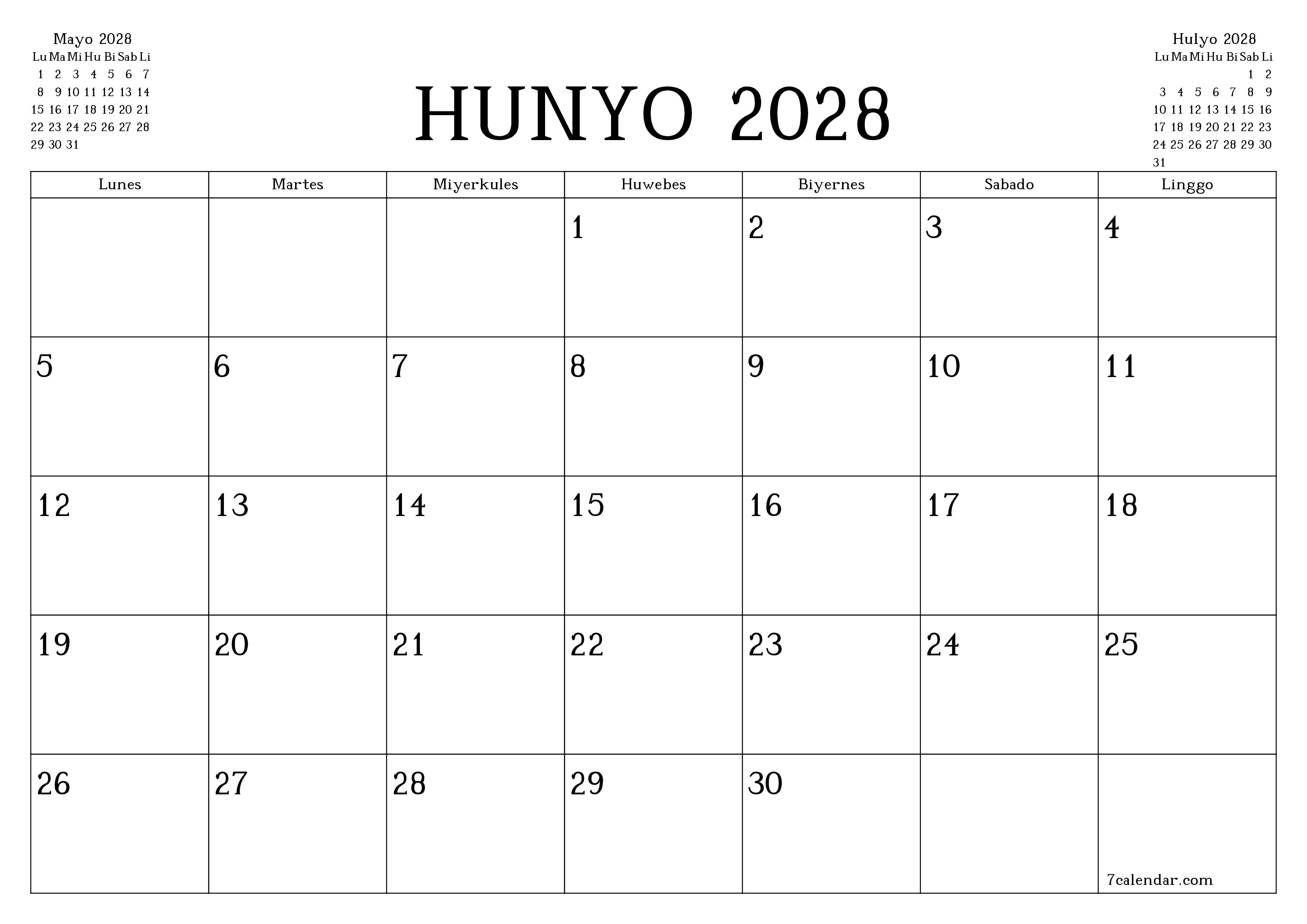 Walang laman na buwanang tagaplano para sa buwan na Hunyo 2028 na may mga tala, i-save at i-print sa PDF PNG Filipino