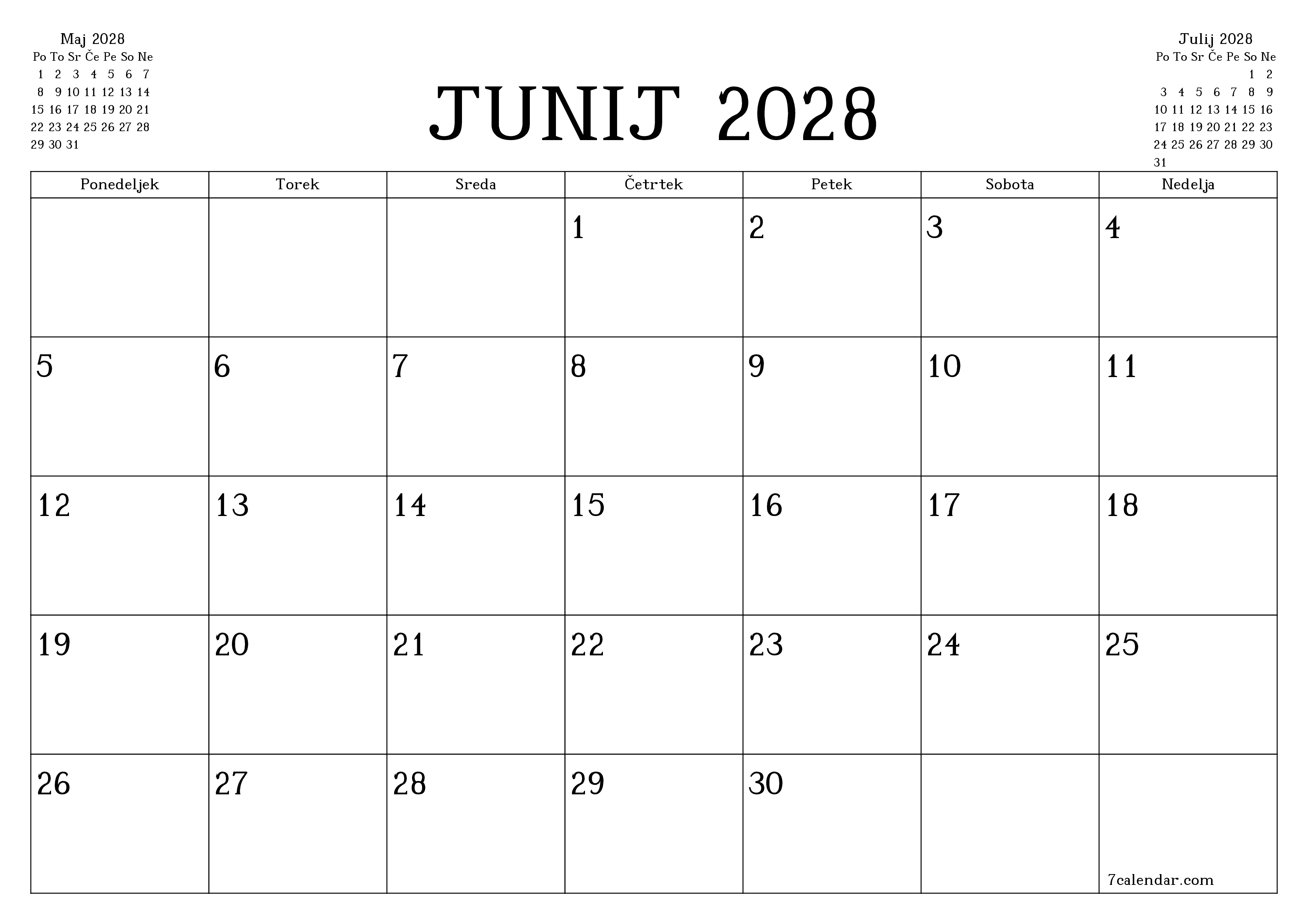 Prazen mesečni načrtovalec koledarja za mesec Junij 2028 z opombami, natisnjenimi v PDF PNG Slovenian